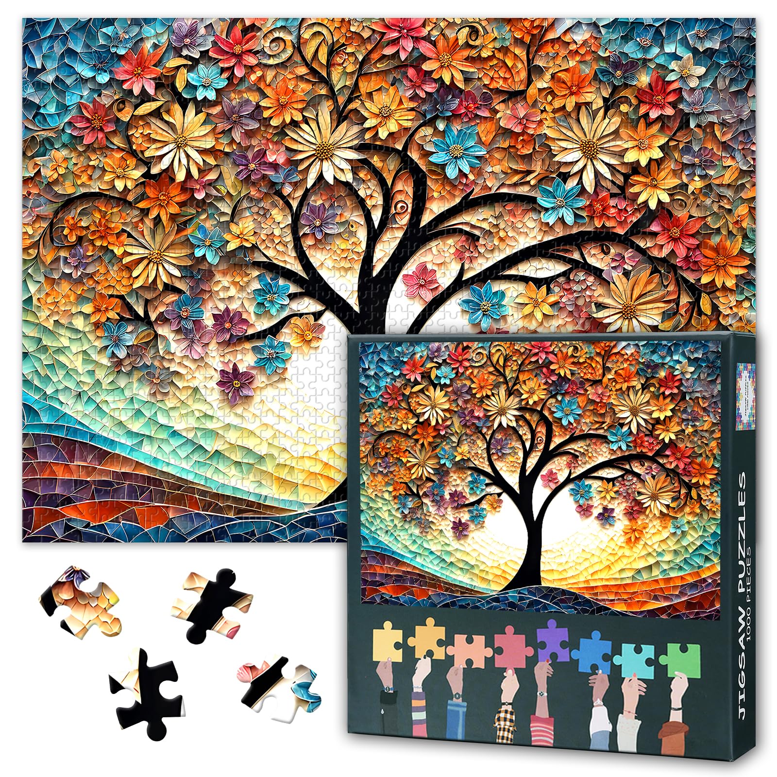 Jigsaw Puzzles 1000 Pieces for Adults,Rompecabezas Para Adults Impossible Hard Difficult Challenging Puzzle Educational Games - Mosaic Tree of Life and Flowers 50x70cm