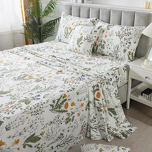 Miniatura 3 de FADFAY Sábanas 100% de algodón egipcio, estampado botánico de flores amarillas y hojas, ropa de cama de granja transpirable, juego de sábanas de 4