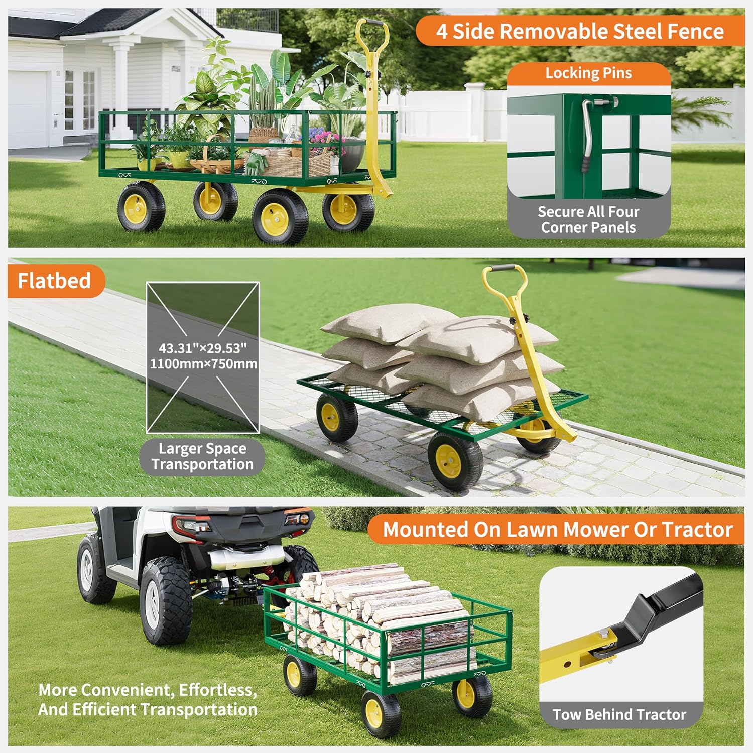 Heavy Duty Steel Garden Cart, 1200 Lbs Capacity Utility Wagon with Removable Mesh Sides, 10" Pneumatic All-Terrain Tires & 180° Swivel Handle, Folding Flatbed Yard Cart for Garden, Lawn, Farm, Camping