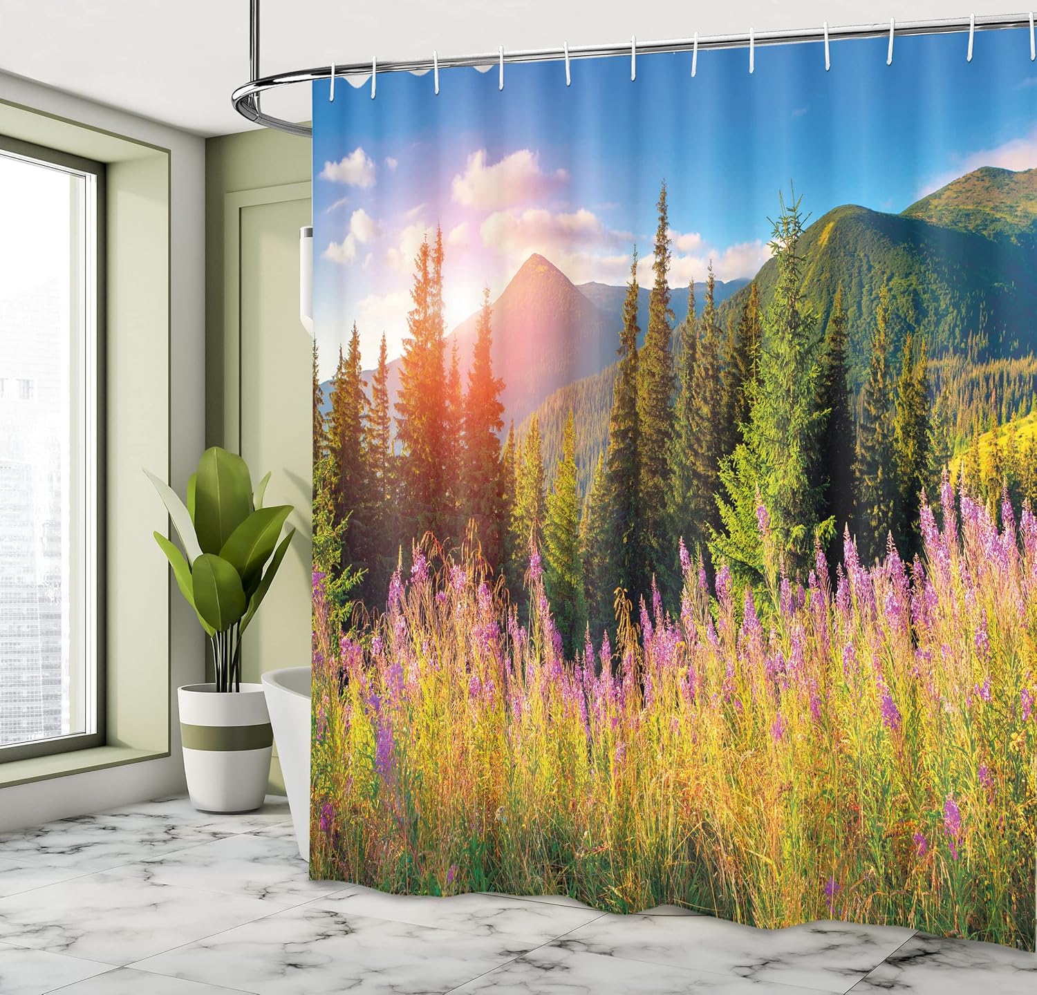 Ambesonne Landscape Shower Curtain, Fall Landscape Picture in Mountains with Flowers Alpine Trees Forest at Sunrise, Cloth Fabric Bathroom Decor Set with Hooks, 69" W x 75" L, Green Pink