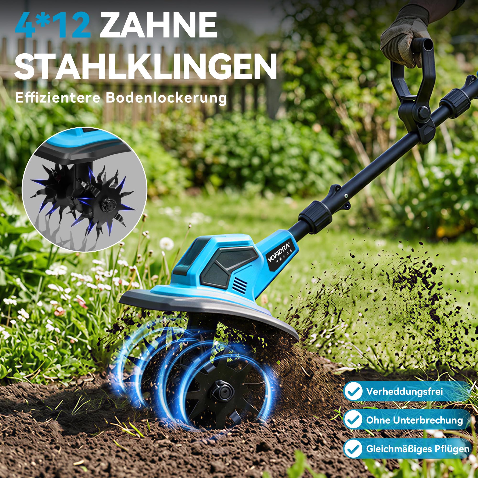 Yofidra Akku-Bodenhacke Gartenfräse - 600W Motorhacke mit 23cm Arbeitsbreite, 17cm Arbeitstiefe, LED-Anzeige, 2x2.0Ah Akku, 4x12 Zähne Bodenfräse für Bodenbearbeitung, Elektro-Tiller für Garten