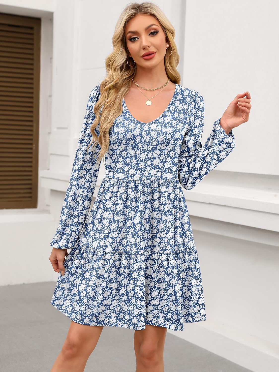 ANRABESS Womens Fall Long Sleeve V Neck Casual Short Dress image 3