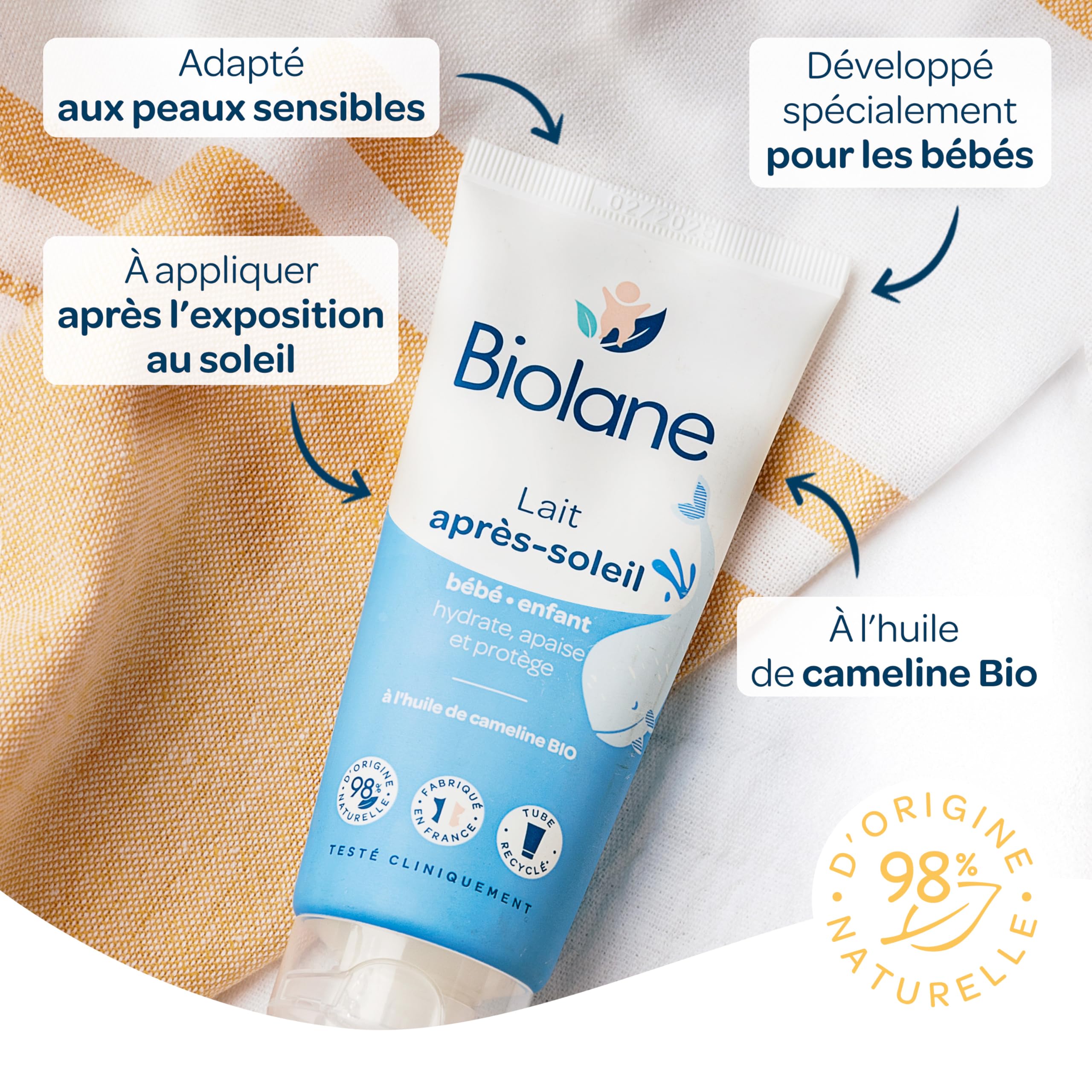 BIOLANE - Lait après soleil - Bébé - Apaise et protège - Peaux Sensibles - Huile de Cameline BIO - 98 % d'origine naturelle - Fabriqué en France