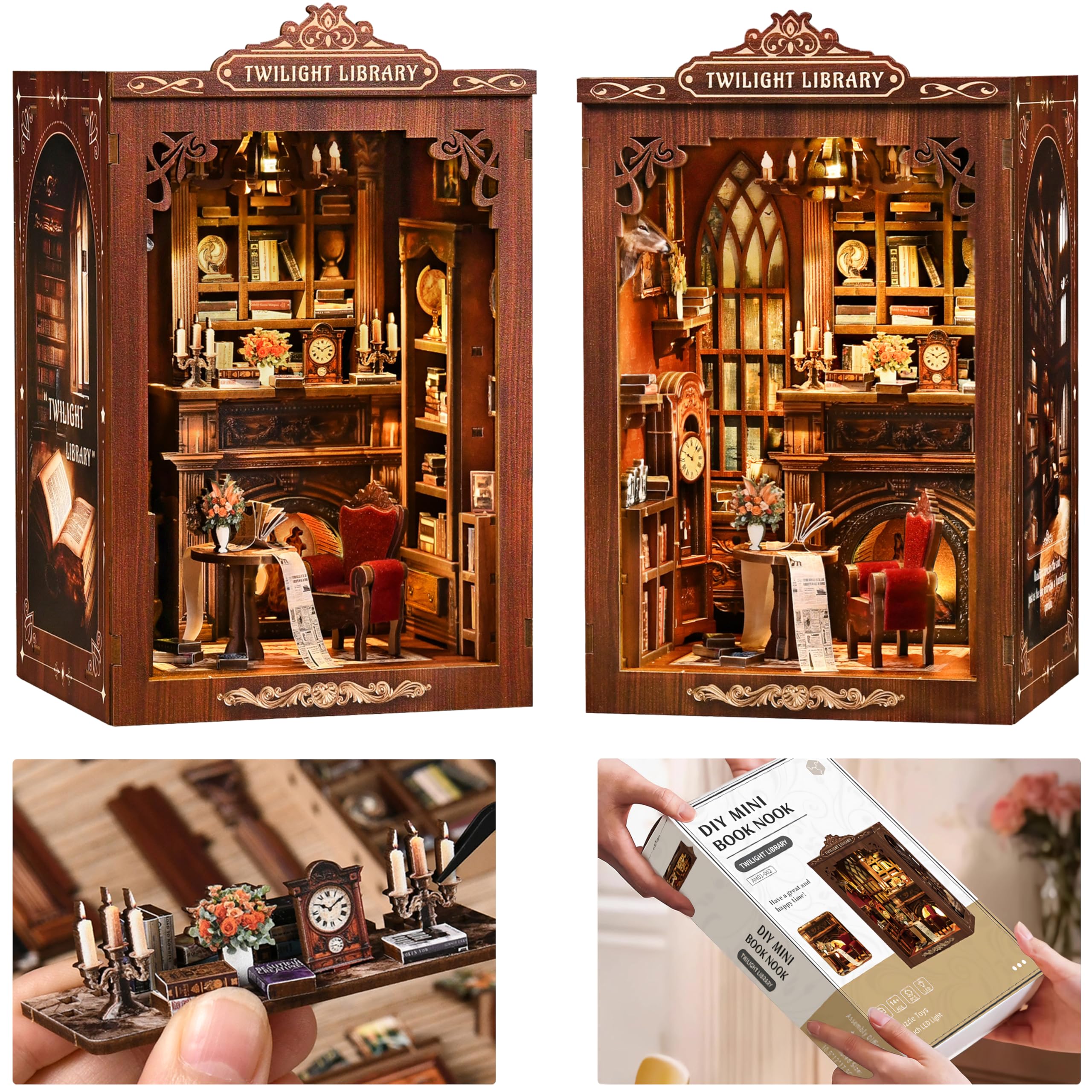 ISSEVE Kit per angolo del libro, kit fai da te in miniatura per adulti e principianti, mini kit per casa delle bambole, decorazione per libreria, puzzle in legno 3D per regali artigianali (biblioteca