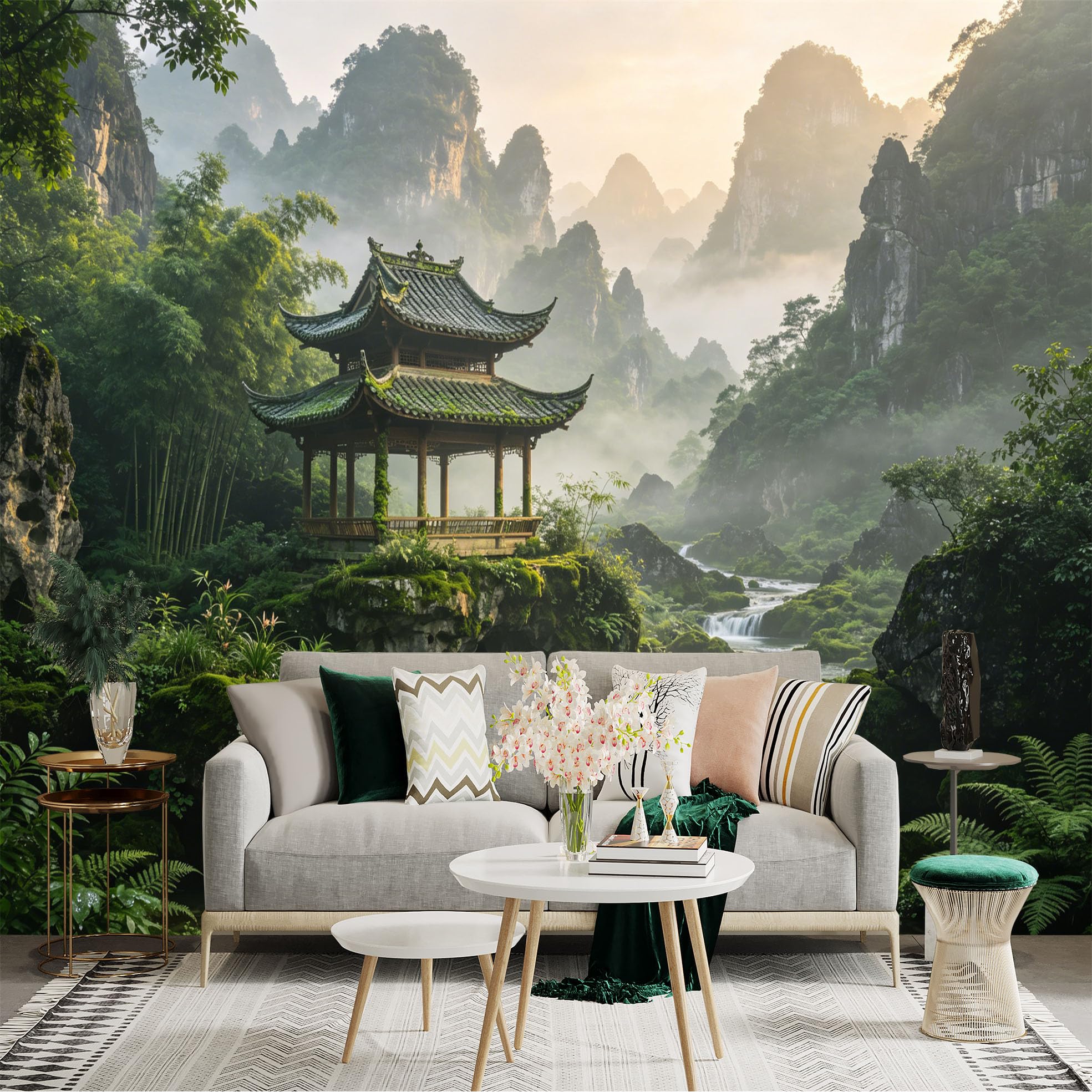 Custom Size Wall Sticker Mural， Traditional Chinese Pavilion with Waterfall and Misty Mountains Landscape， for wall Decoration， peelandstick wall Decals.