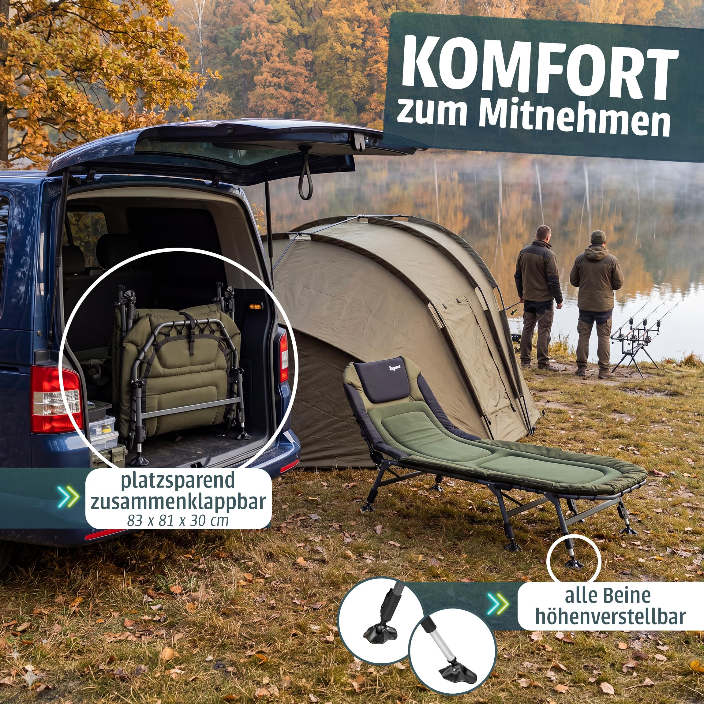 Kingpower Karpfenliege 8 Bein Angelliege Campingliege Bedchair Feldbett | Grün, stabil, bequem, Angeln, Fischen