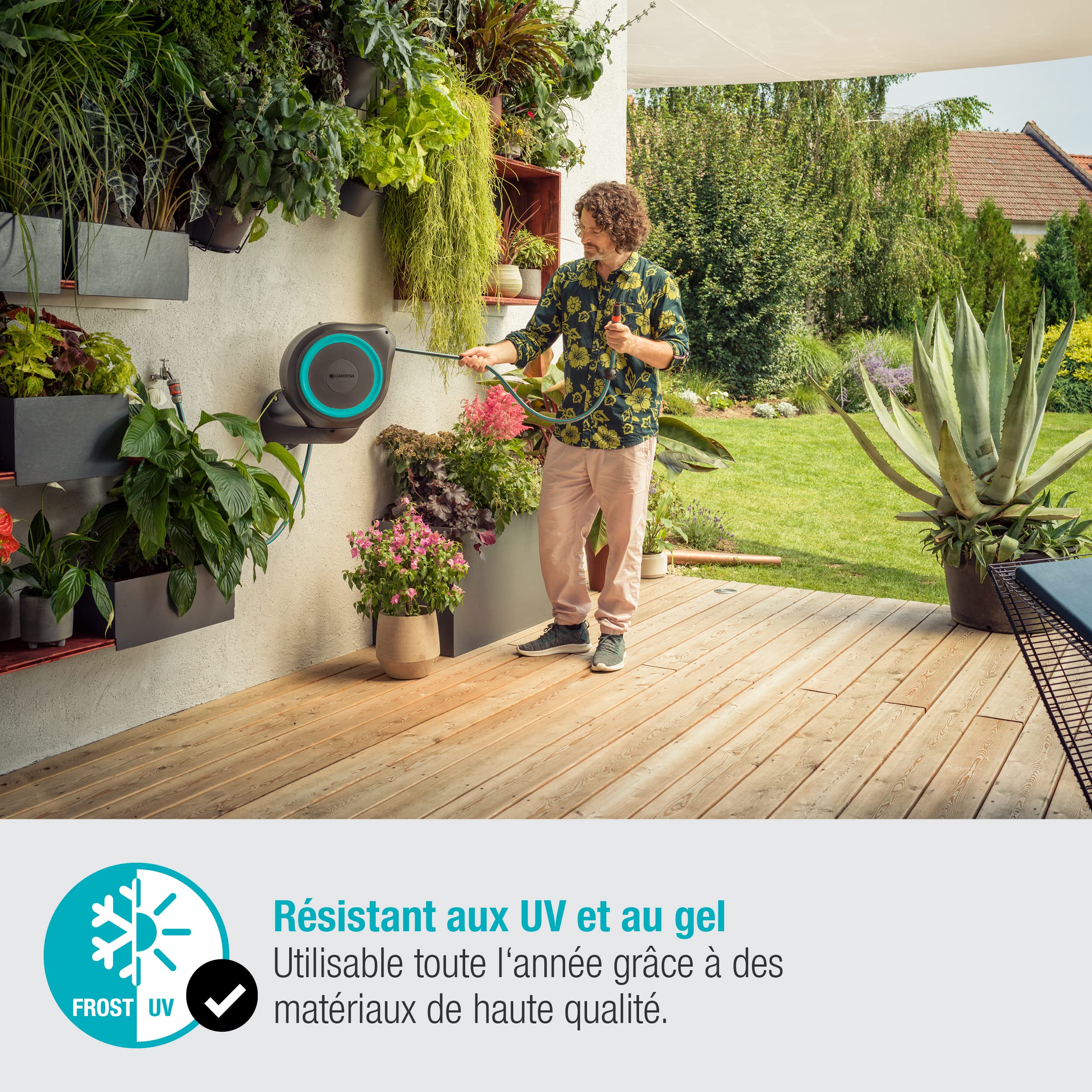 Gardena Enrouleur de tuyau Mural Rollup S (Turquoise)– Longueur 15m – Ø11mm– Garantie 5 ans– Dévidoir pivotant à 180°– Kit complet avec lance, raccord, tuyau et support mural inclus (18600-20)
