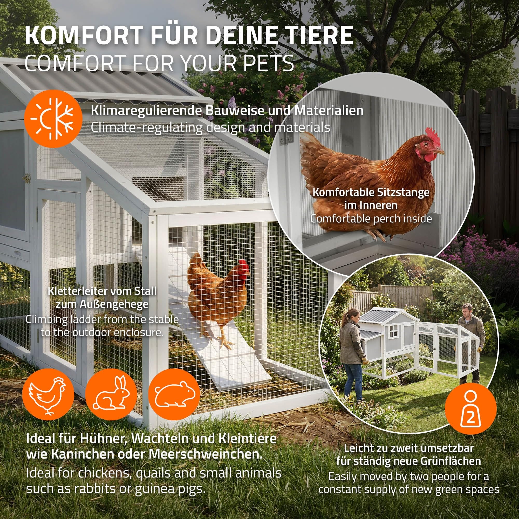 ECD Germany Gallinero Exterior de Madera Maciza con Corral para Gallinas, XXL 144x176x102,5cm Cubierta de Alambre Galvanizado, Bandeja de Heces Extraíble, Dos Cajas Nidos y Rampa, Parque para Animales