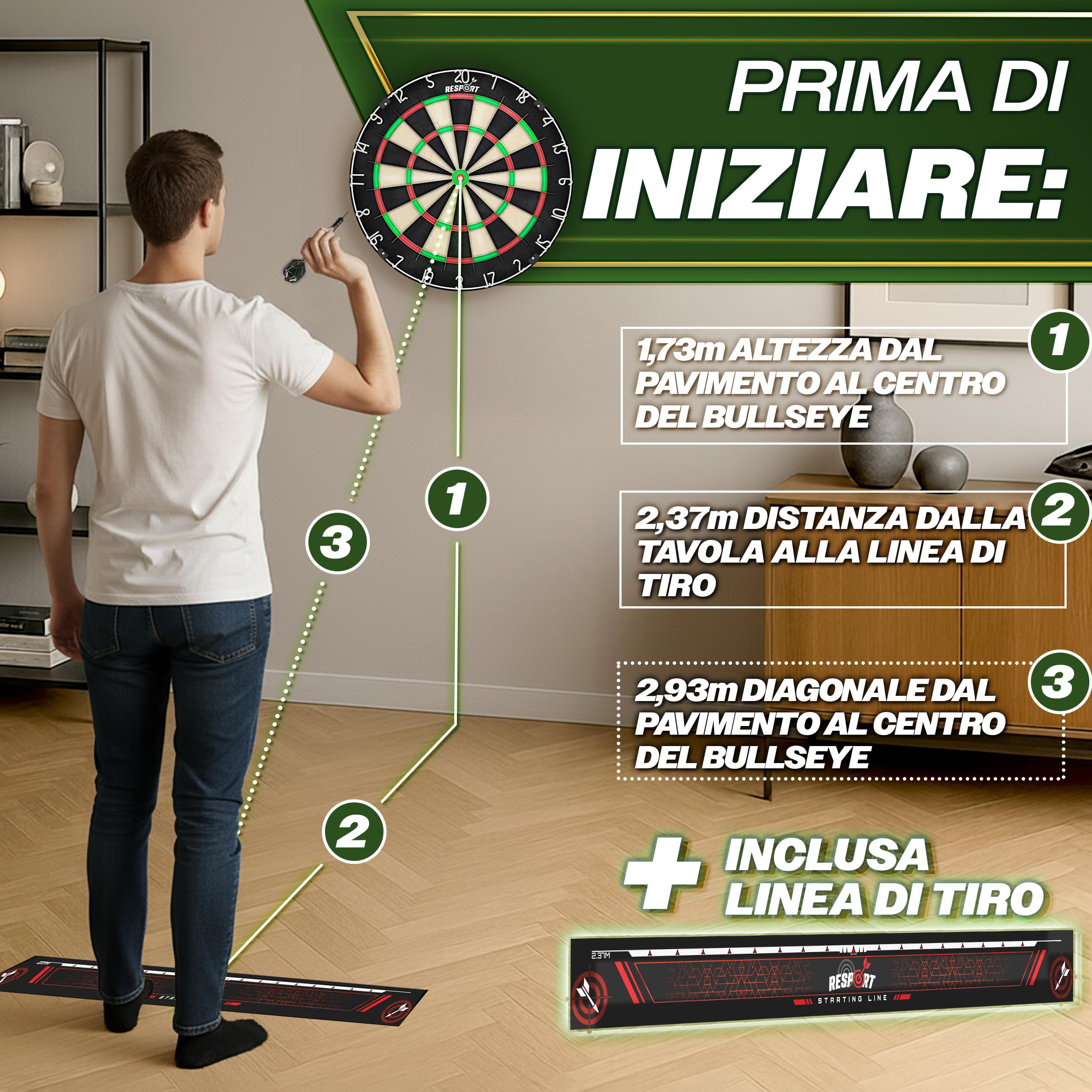 RE:SPORT® Bersaglio per freccette XXL in Sisal, set con 9 freccette professionali + accessori