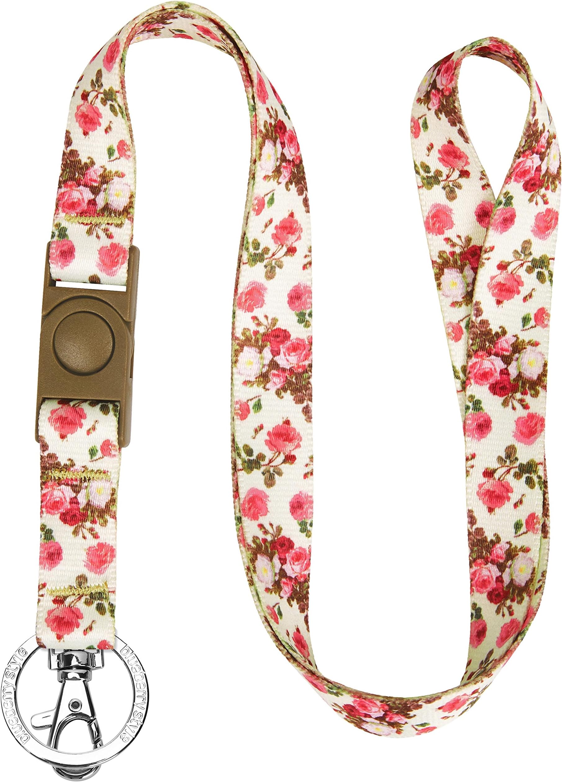Spring Scent Inspired Rose Print Ivory Women Fashion Non Breakaway Lanyard Keychain for Keys/ID Card/Badge Holder, 3/4" Wide