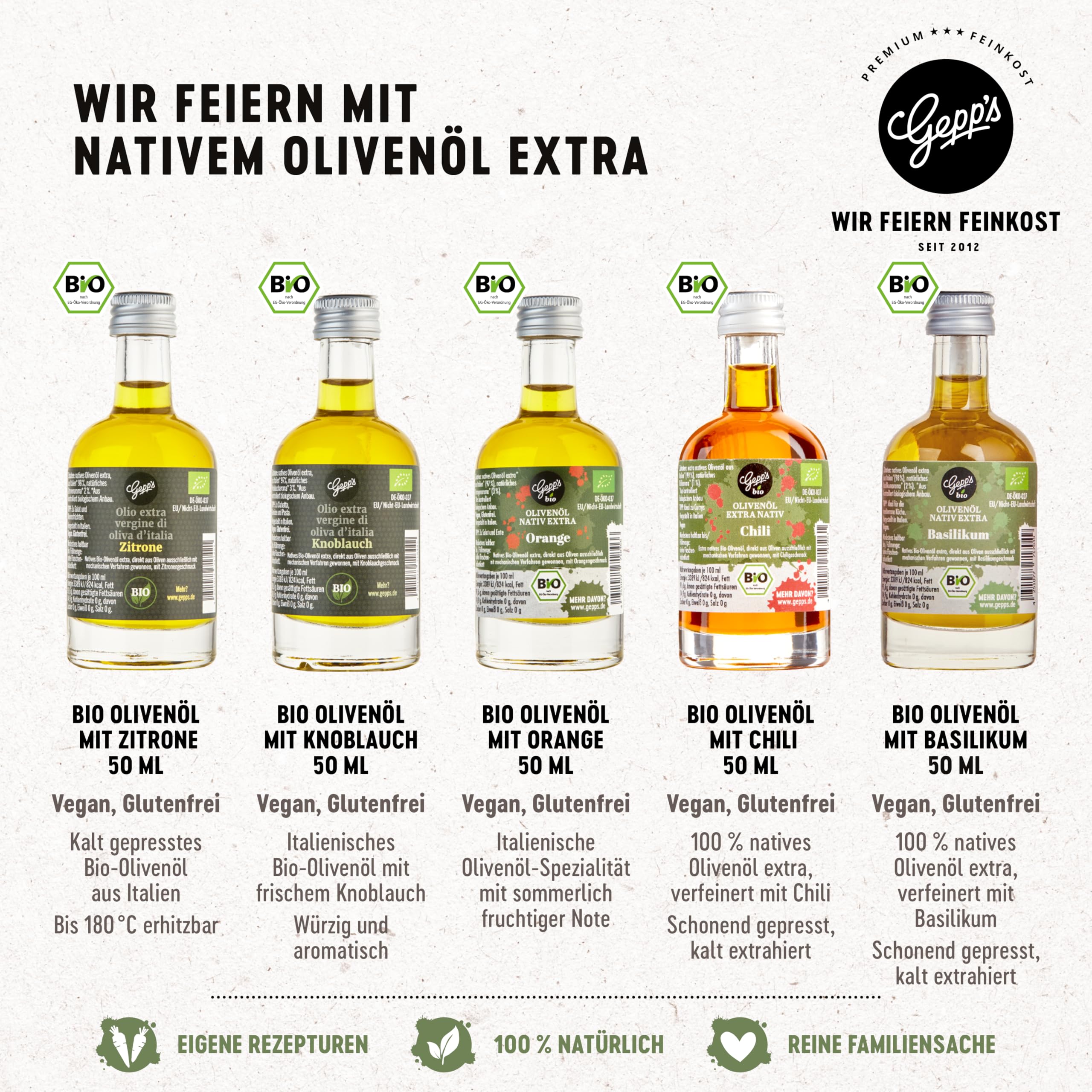 Gepp‘s Feinkost Öl Geschenkbox „Öl-Clutch“ I Gewürzöl Set mit 5 erlesenen BIO-Ölen I Olivenöl Basilikum, Chili, Knoblauch, Orange & Zitrone I Geschenkidee für Männer & Frauen