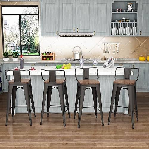 Miniatura 3 de Tongli Juego de 4 taburetes de bar de metal, taburetes de bar de altura de mostrador con respaldo, taburete de bar industrial para interiores,