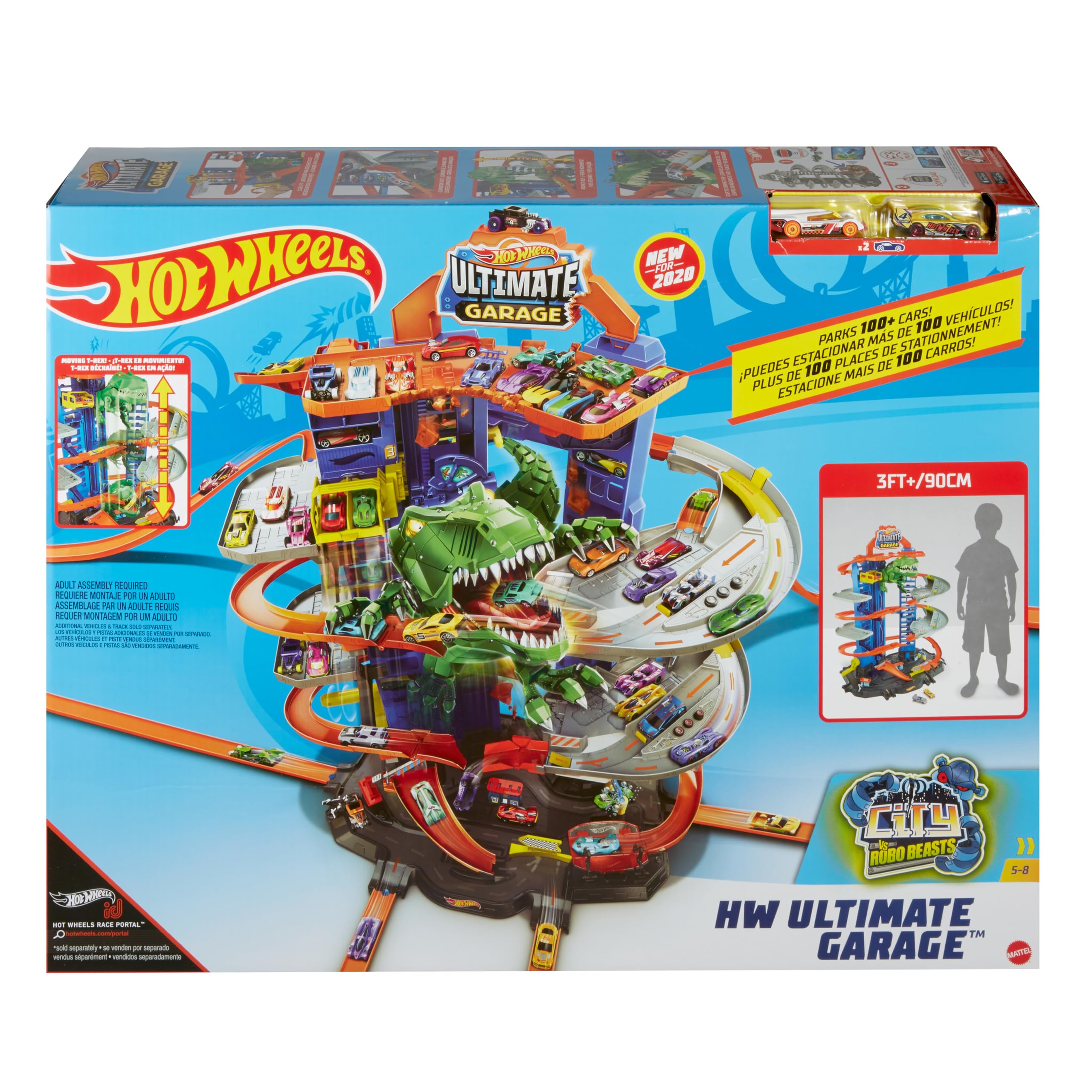 Hot Wheels Garage, Hot Wheels Parkgarage inkl. 2 Spielzeugautos, mit mehrstöckiger Autorennbahn, T-Rex Angriff und Platz für +100 Autos, Höhe: 90cm, Auto Spielzeug, Spielzeug ab 5 Jahre, GJL14