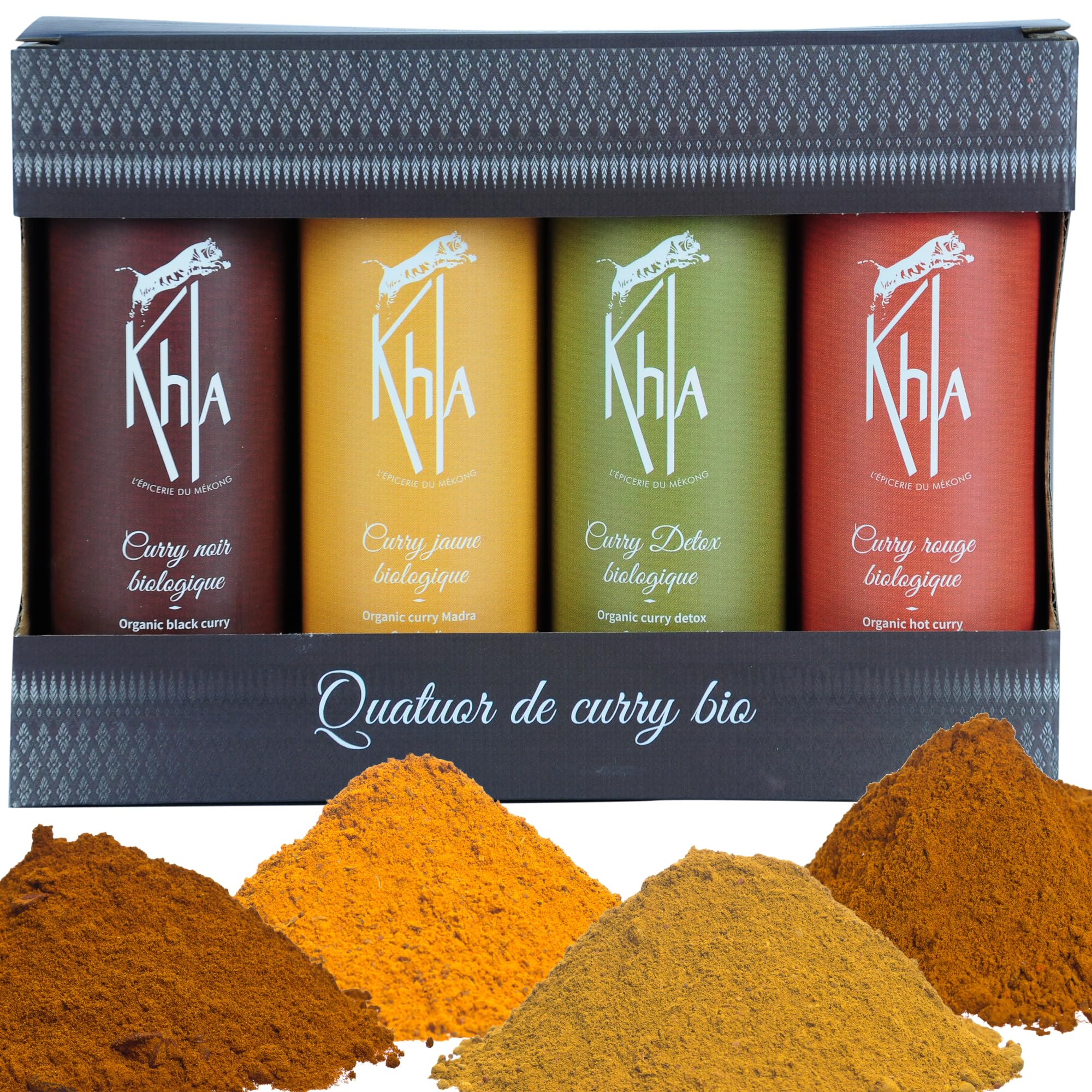 Khla - Coffret 4 Currys Bio - Curry Jaune, Curry Noir, Curry Rouge & Curry Vert Détox - Tubes Poudre 4x 100 g - Coffret Idée Cadeau - Mélanges Exclusifs Cuisine - Épice d’Asie - Origine Cambodge