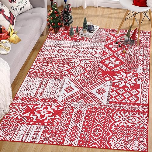 Miniatura 8 de Alfombra roja de estilo bohemio con copos de nieve, antideslizante, para interiores, lavable, decorativa, para sala de estar, dormitorio, guardería,