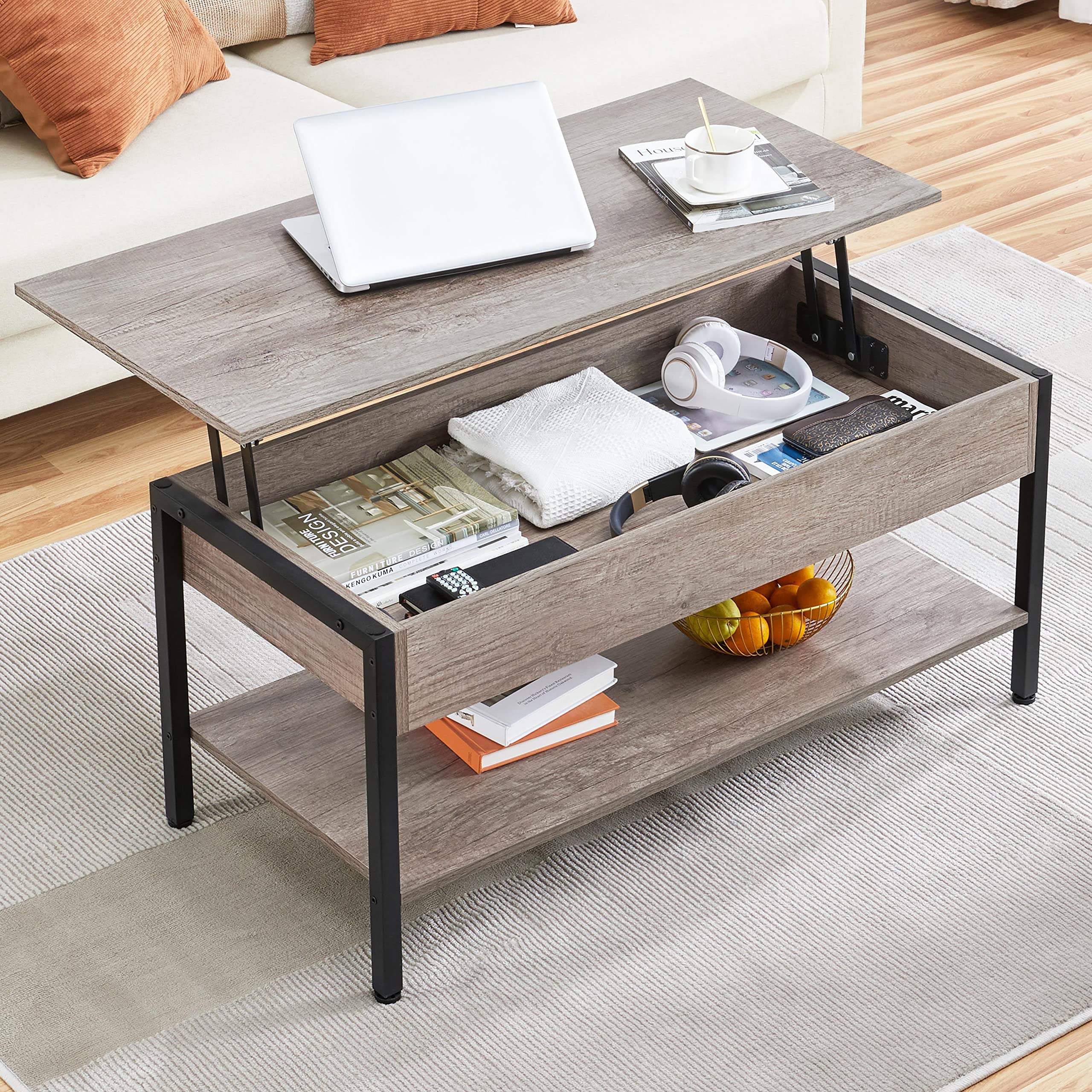 Yaheetech Mesa de Centro Elevable con Mecanismo 104,5x49,5X(47-62) cm | Hidráulico Diseño Industrial de Doble Nivel Mesa Baja de Industrial para Sofa Salon Gris