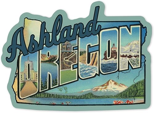 Die Cut Sticker Ashland, Oregon, Large Letters Scene, Contour, Vintage Artwork Vinyl Sticker 1 to 3 inches (Waterproof Decal for Cars, Water