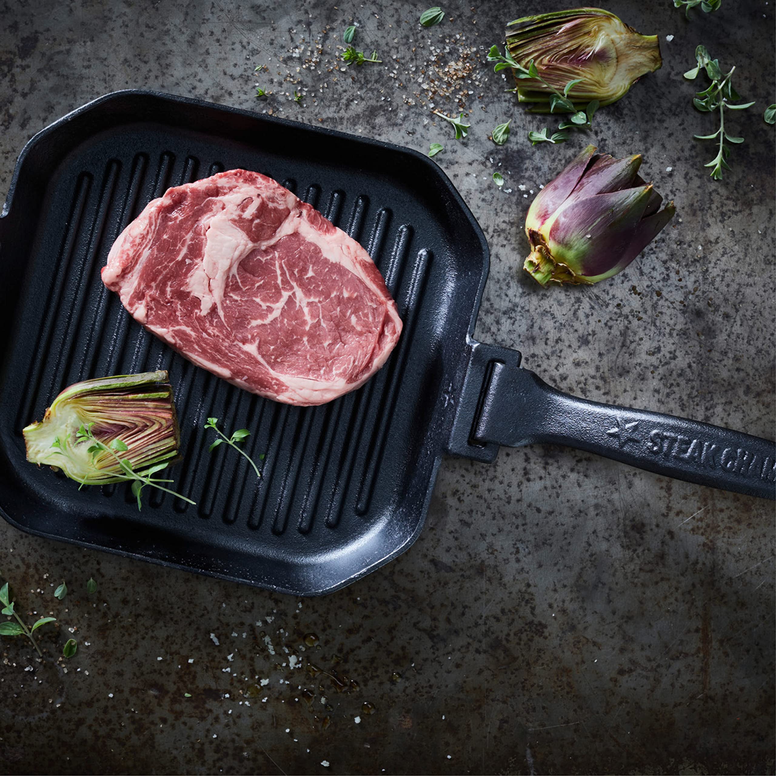 Steakchamp Padella per Grigliare in Ghisa con Manico Rimovibile per Grill, Piano Cottura (Anche a Induzione) e Forno, Adatta come Padella per Servire e Friggere