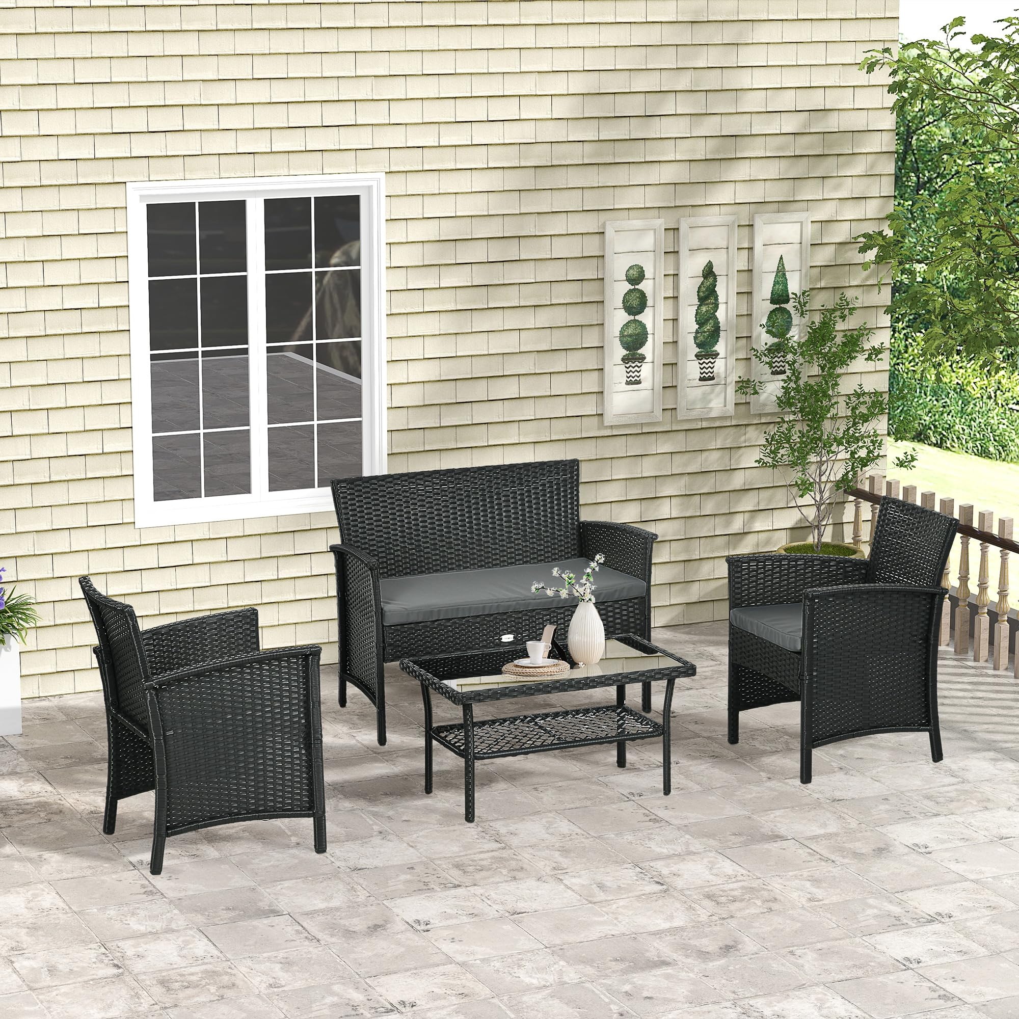 Outsunny Salotto da Esterno in Rattan PE da 4 Pezzi Nero e Grigio | Salottino da Giardino, Divanetto 2 Posti, 2 Poltrone con Cuscini, Tavolino in Vetro