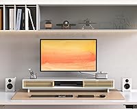 Vista 8 de Dual Monitor Stand Riser with Sliding Door, Double Computer Laptop Stand Desk Shelf Organizer with Storage (White + Natural Bamboo, 38 Inch)