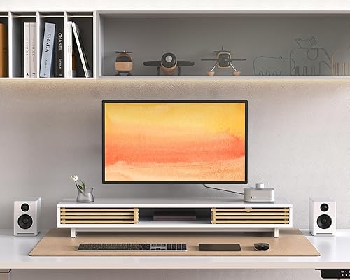 Miniatura 8 de Dual Monitor Stand Riser with Sliding Door, Double Computer Laptop Stand Desk Shelf Organizer with Storage (White + Natural Bamboo, 38 Inch)