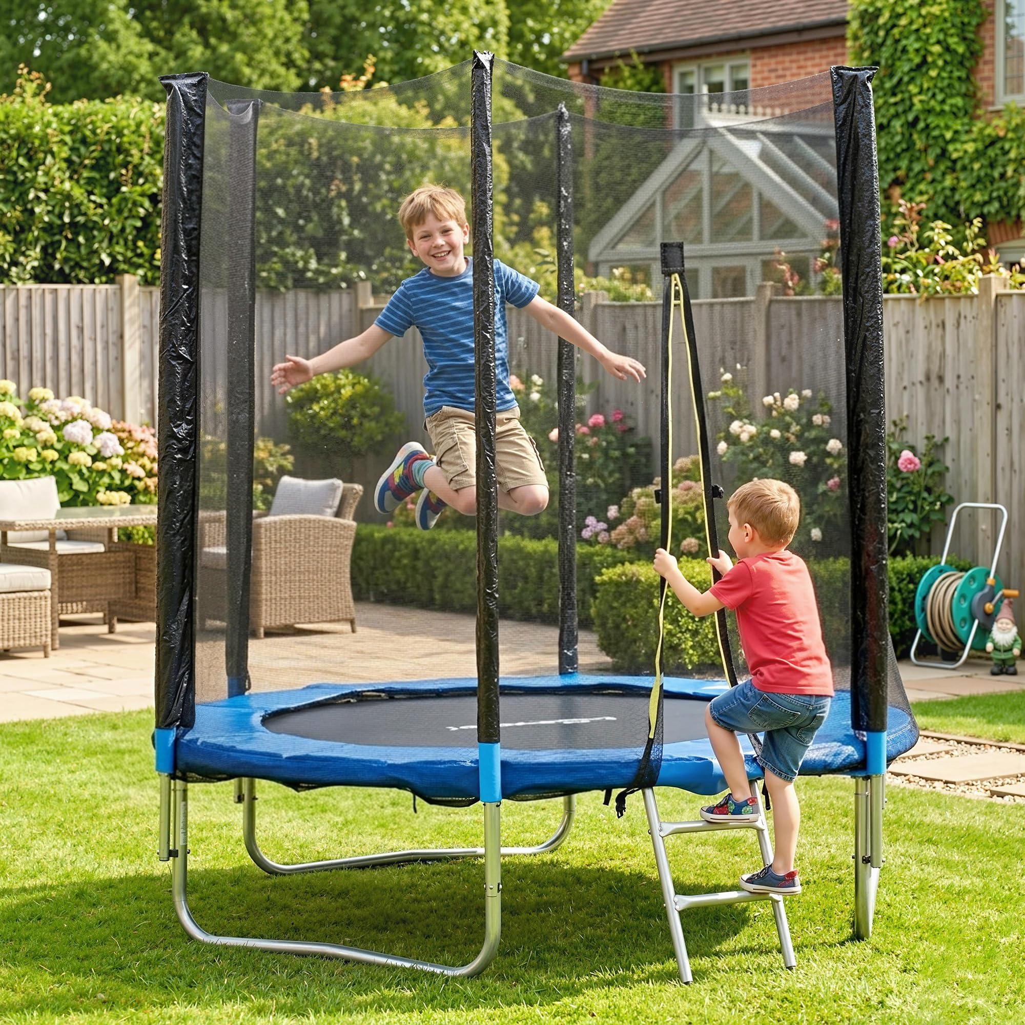 SPORTNOW Trampolino Elastico con Scaletta e Rete di Sicurezza, Tappeto Elastico in Acciaio e Plastica con 3 Gambe a U, Ø180x200 cm, Blu
