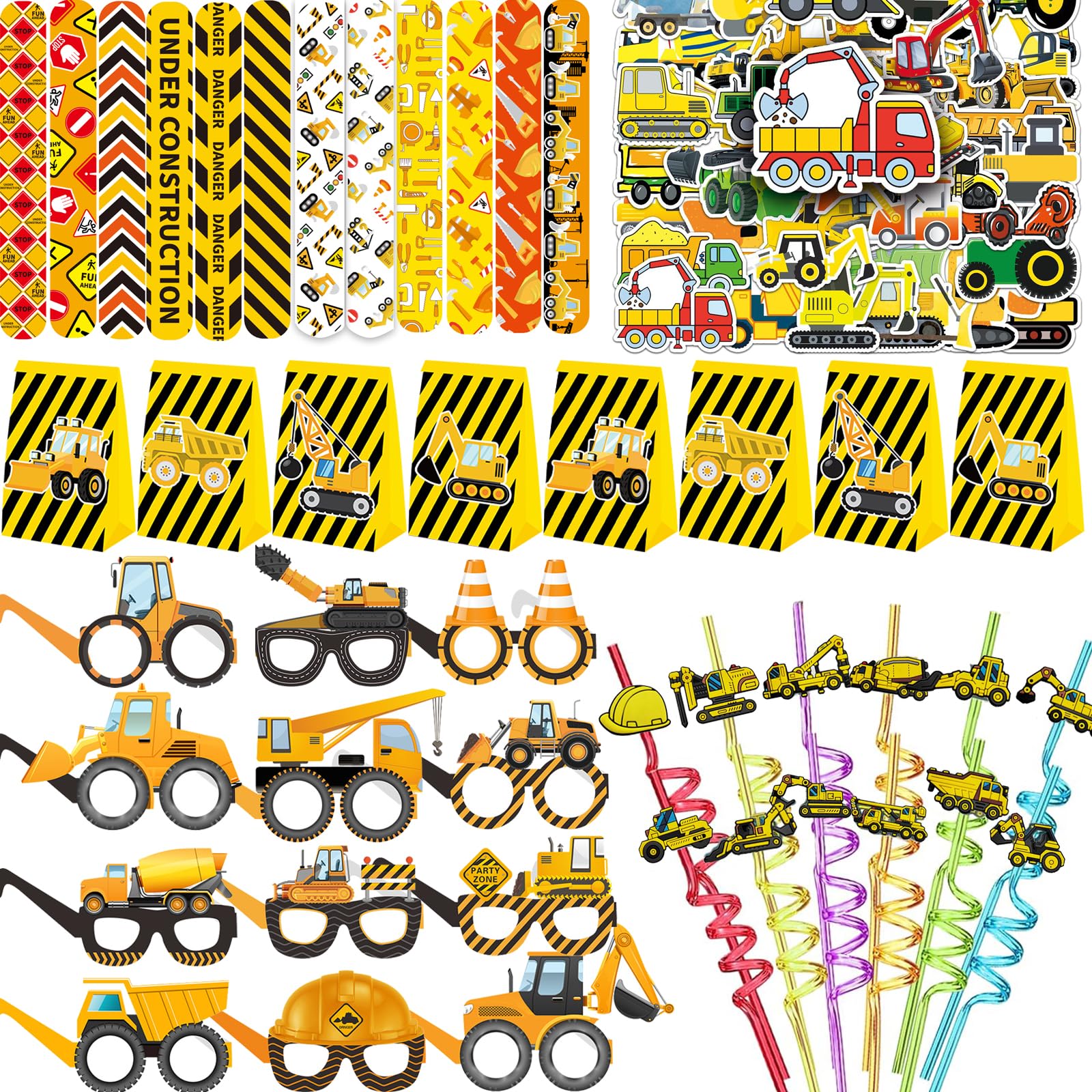 QICI 98pcs Construction Party Supplies -Reusable Drinking straws Masks Slap Bracelets Bags Stickers Gifts for Birthday Party Decorations Construction