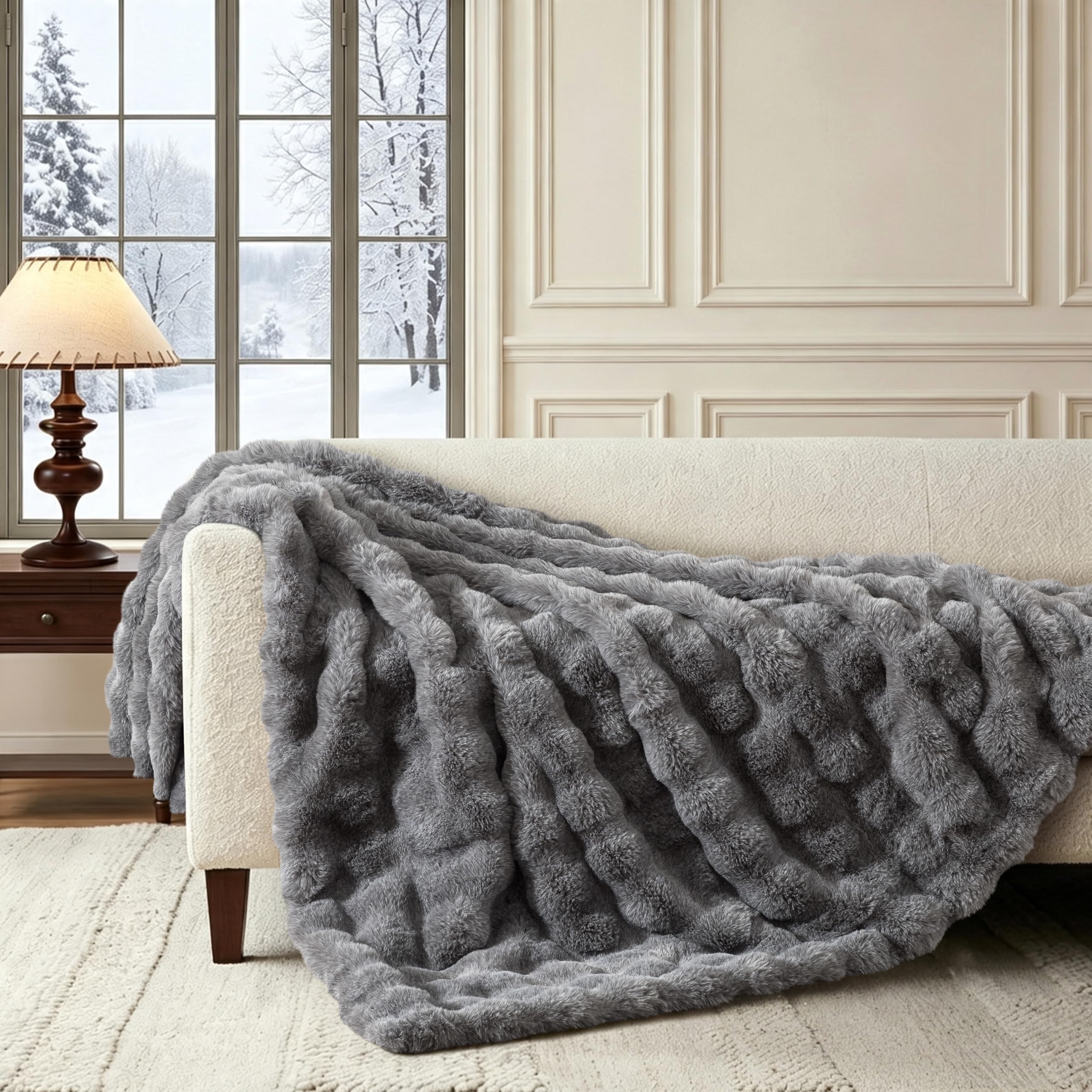 WDCOZY Bubble Throw Blanket, Luxury Faux Rabbit Fur Mink Plush Throw for Couch, Sofa and Bed, Soft Fluffy Fuzzy Cozy Blanket for Women, 50x60 inches, Grey Linen Like Textured, 950 GSM