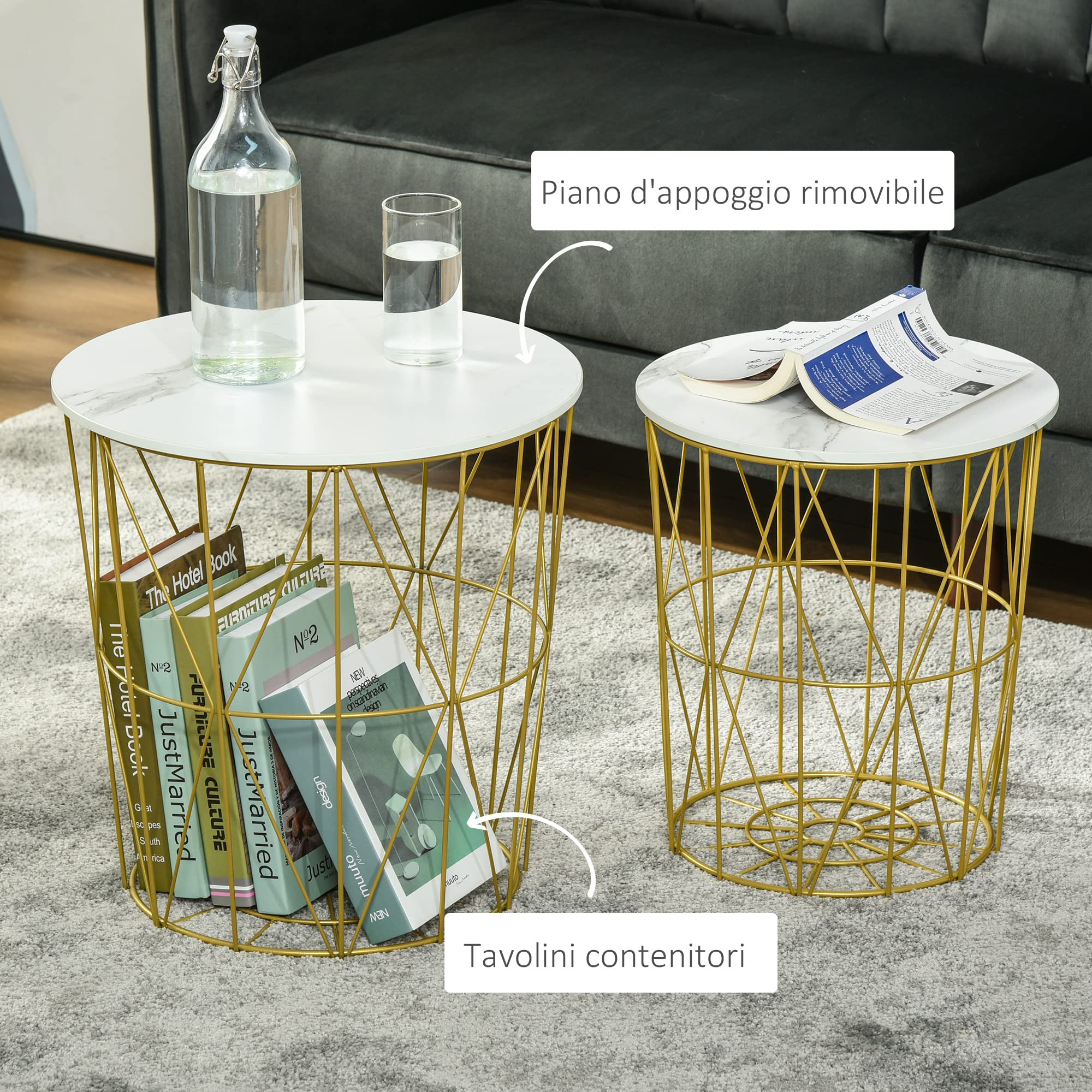 HOMCOM Set 2 Tavolini da Salotto Moderni Impilabili con Ripiano Rimovibile, Tavolino da Caffè con Contenitore per Soggiorno e Camera, Bianco Oro