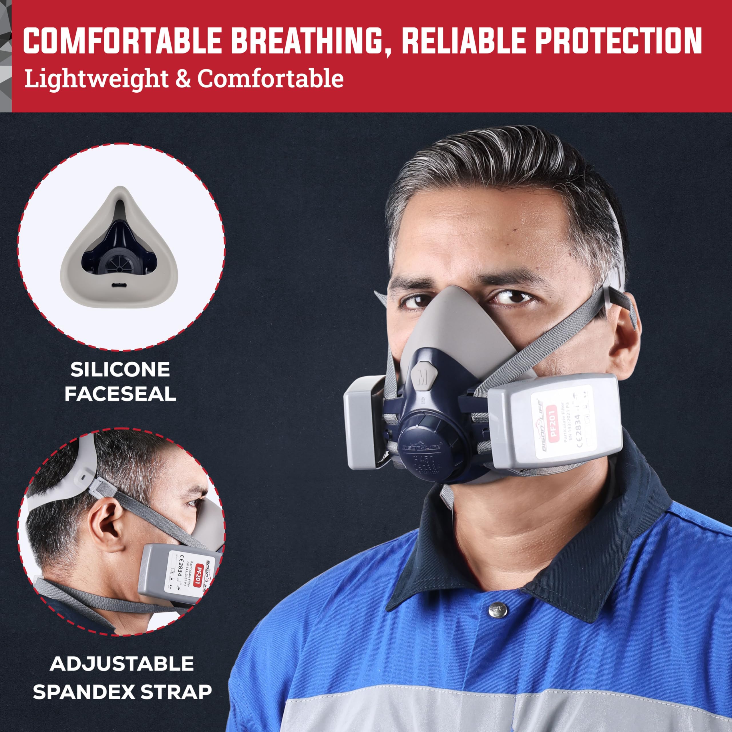 BISON LIFE ProAer™- H450 with PF201 Industrial Respirator Mask, Reusable Face Mask for Welding Sanding, Grinding, Casting - Image 3