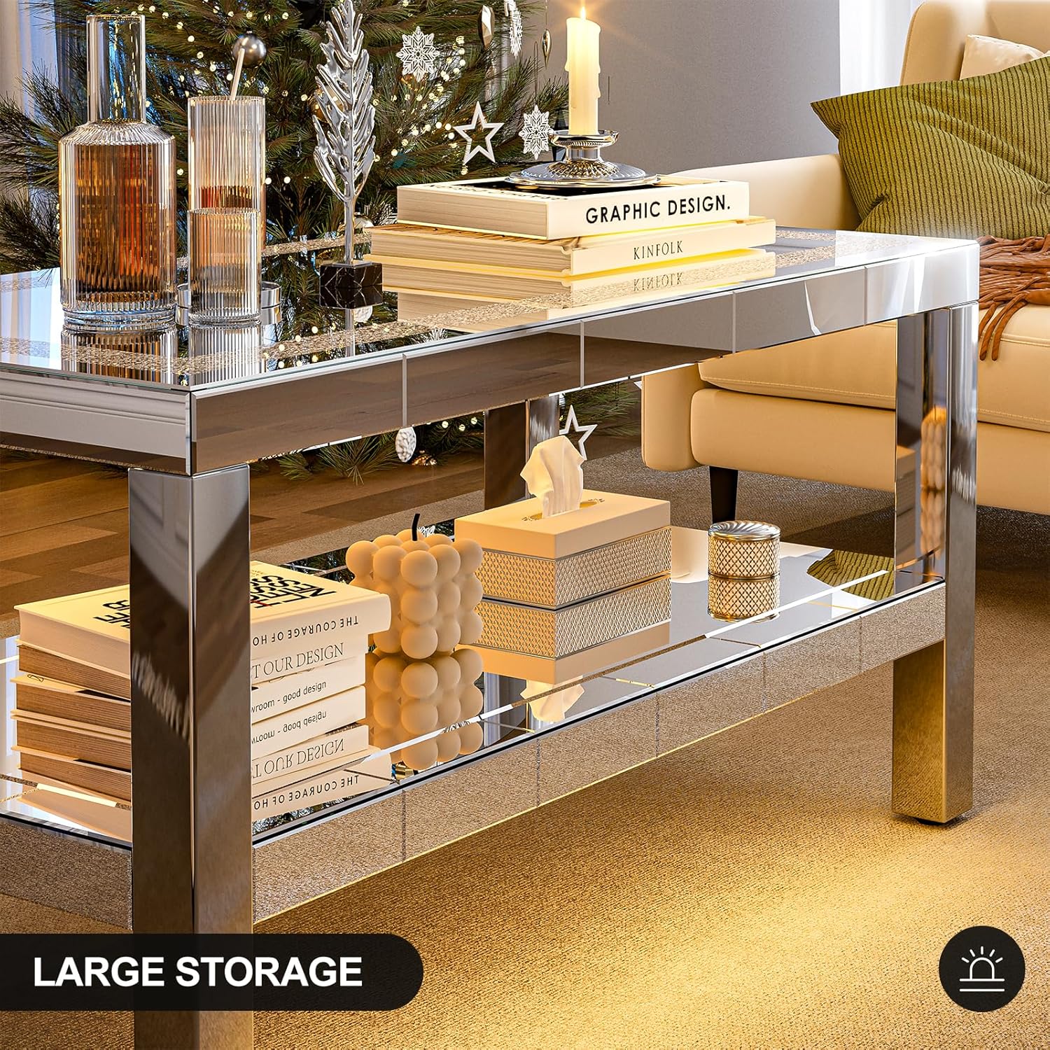 IKIFLY Mirrored 2-Tier Coffee Table with LED Light, Rectangle Mirrored Coffee Table with Crushed Diamond & Stainless Steel Legs, Silver Living Room Table