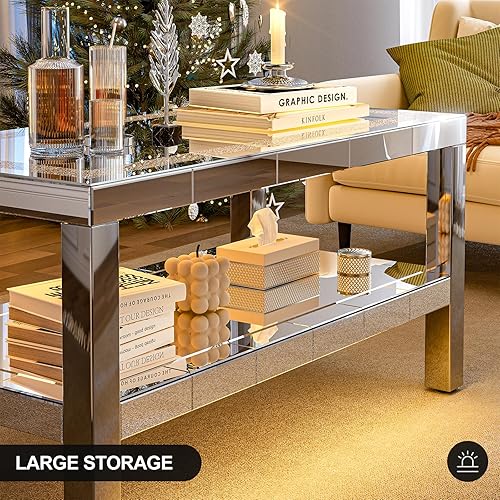 Miniatura 22 de IKIFLY Mesa de centro con espejo con 2 niveles, mesa de centro rectangular 2 en 1 con diamante triturado, mesa de sala de estar plateada con patas