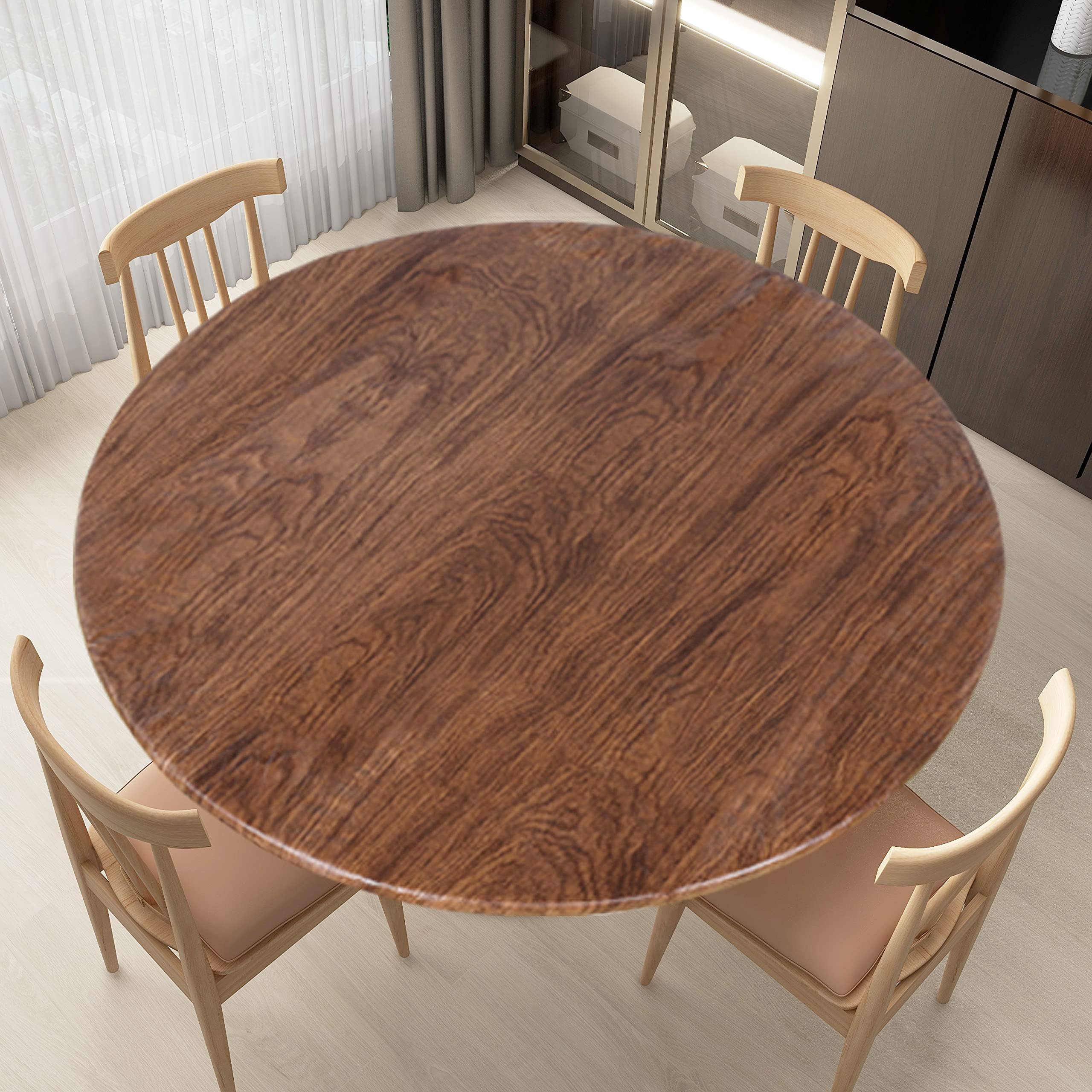 LUSHVIDA Round Waterproof Table Cover Elastic Tablecloth Vinyl Fitted Table Cover Elastic Edged Plastic Table Cover Fits Tables up to 36"-44" R Oak