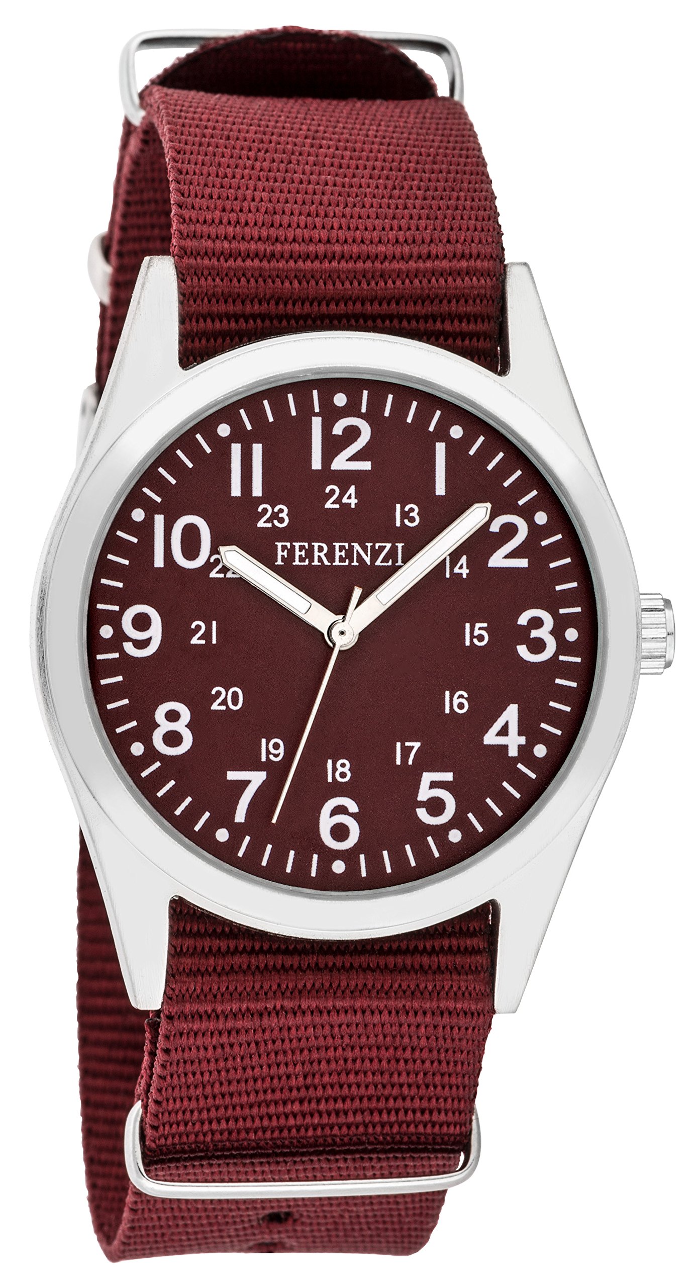 Ferenzi Unisex - FZ15205 - Vintage Military-Style Burgundy on Burgundy Canvas Strap Watch