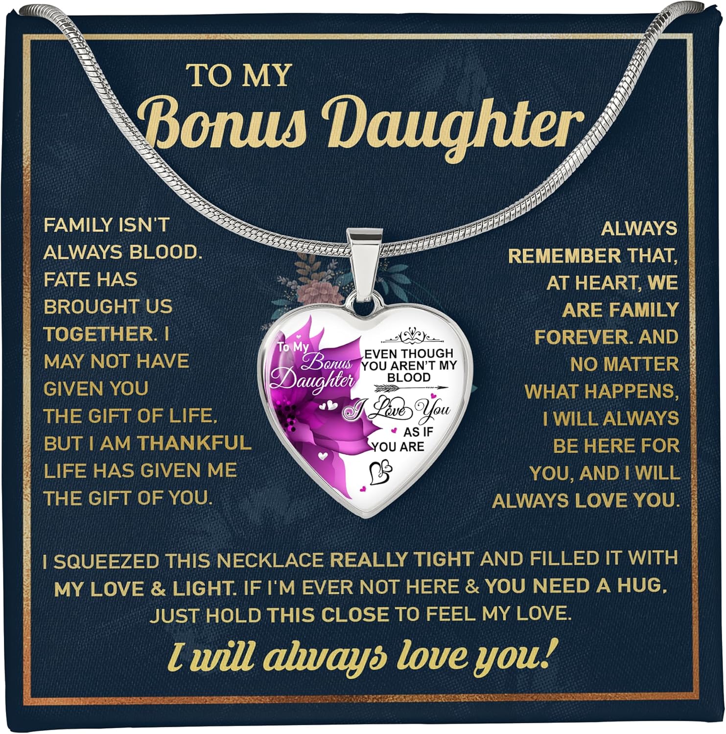 Fa Gifts Bonus Daughter Necklace – Bonus Daughter Gift Heart Pendant from Stepmom or Stepdad with Meaningful Message Card for Birthday, Graduation, Christmas, and more