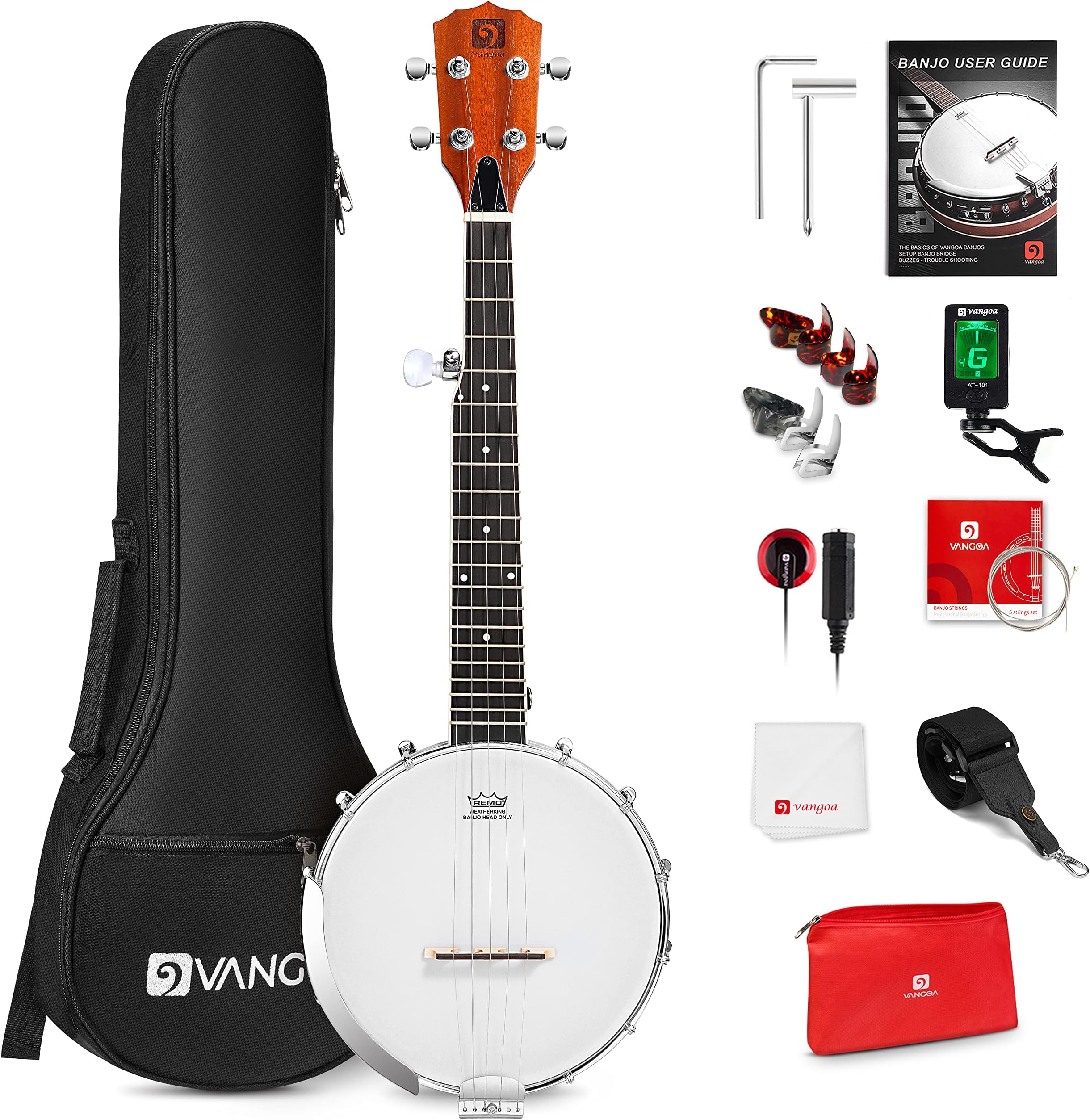 Vangoa 5 String Banjo 26 Inch, MINI Travel Banjo Beginner Kit with Remo Head, Open Back & Closed Solid Back with beginner Kit, Comfortable Carrying Bag