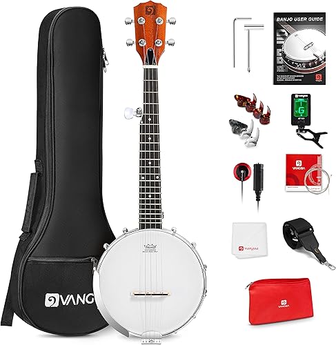 Vangoa Banjo de 5 cuerdas de 26 pulgadas, mini kit de banjo de viaje para principiantes con cabeza Remo, espalda abierta y espalda sólida cerrada