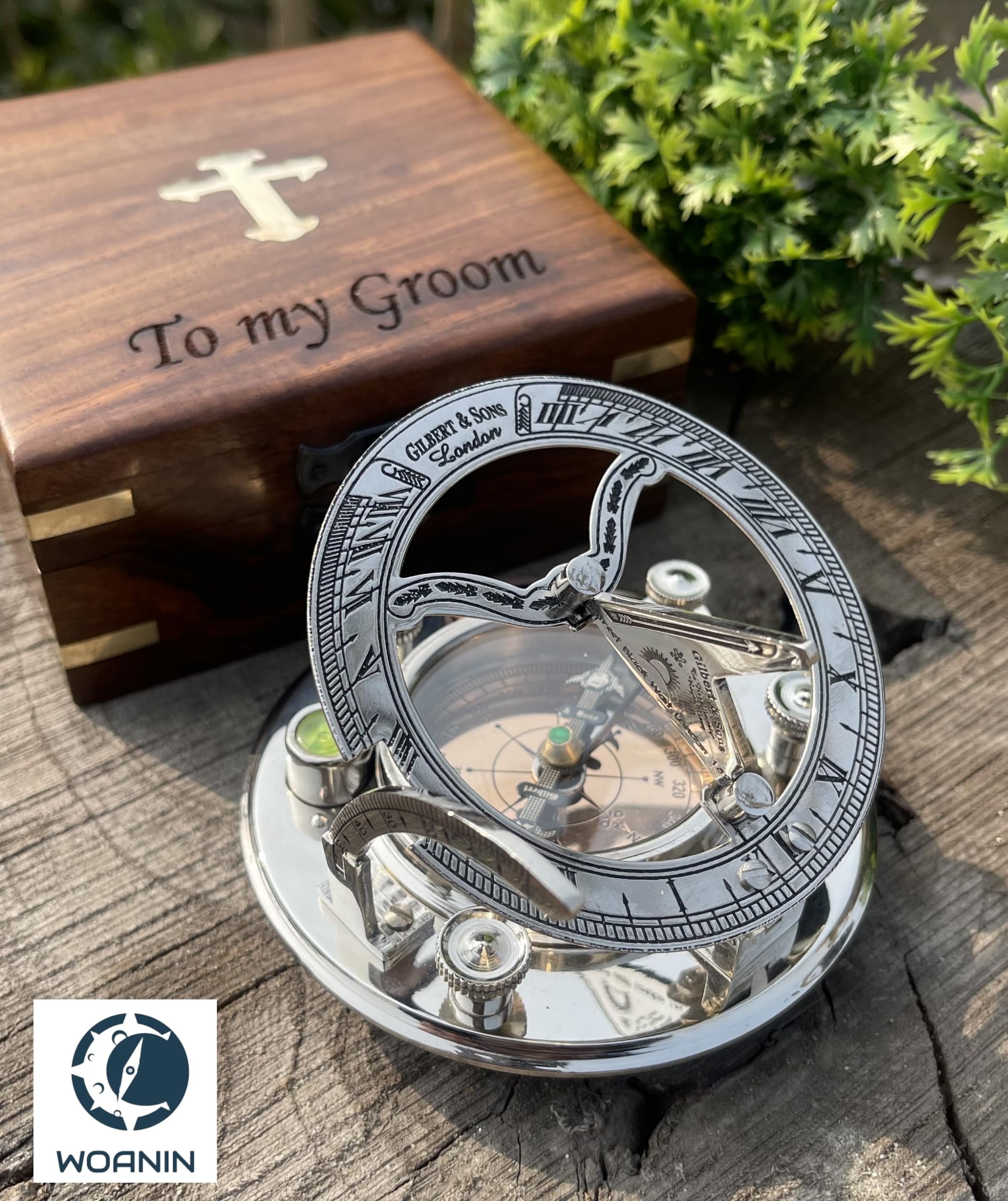 Bussola con meridiana in ottone, regalo personalizzato per uomo, bellissimo orologio con meridiana fatta a mano, orologio solare inciso per lui, decorazione antica (WOANIN)