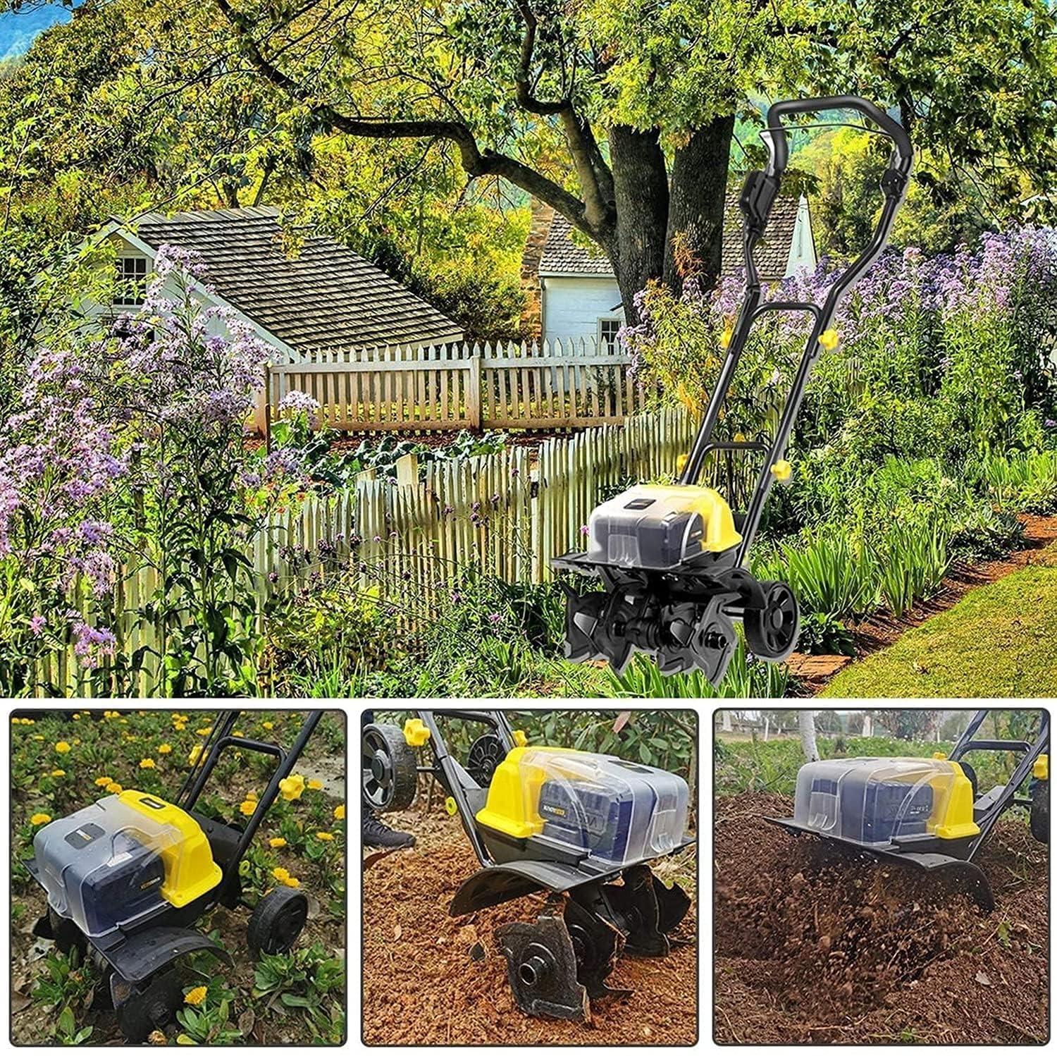 Motobineuse de Jardin, motobineuse/cultivateur de Jardin électrique, cultivateur sans Fil Rechargeable avec 4 Dents en Acier, rotateur de cultivateur de Sol sans Fil pour motobineu