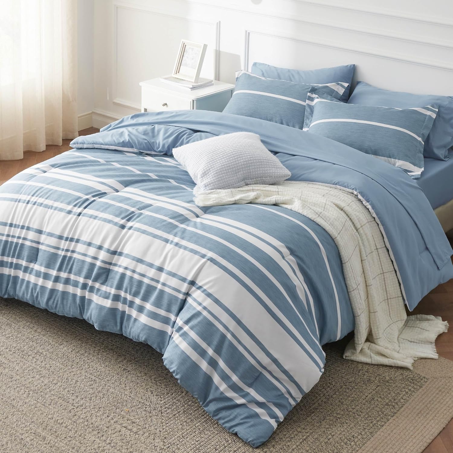 Bedsure Full Size Bed Sets 7 Pieces - Blue Striped Beddubg All Season Comforter Set, Bed in a Bag with 1 Comforter, 2 Sheets, 2 Pillowcases & 2 Shams 13 - Grey Blue Full