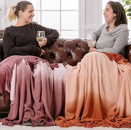 Miniatura 2 de Chanasya Manta acrílica súper suave con borlas en degradado degradado de alta calidad, cálida, acogedora, ligera, esponjosa para cama, sofá, cama,