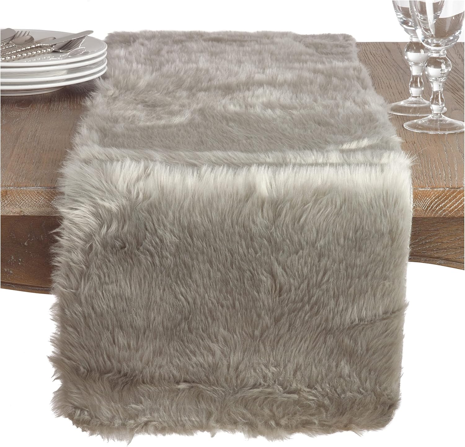 Grey 100% Polyester Cozy Rustic Country Faux Fur Table Runner, 15" X 108"