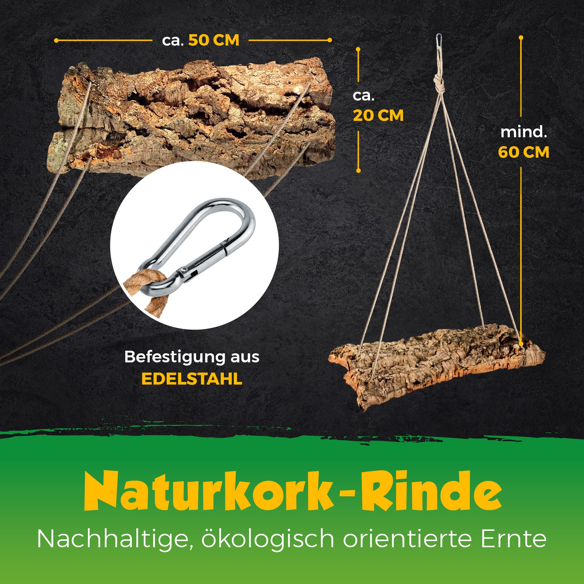 Kork-Schaukel XXL 50x20 cm für Vogel-Volieren. Schaukel aus Naturkork zum Anknabbern & Knuspern. | desinfiziert | Vogel Zubehör & Spielzeug aus Korkrinde (für Wellensittich, Papagei)