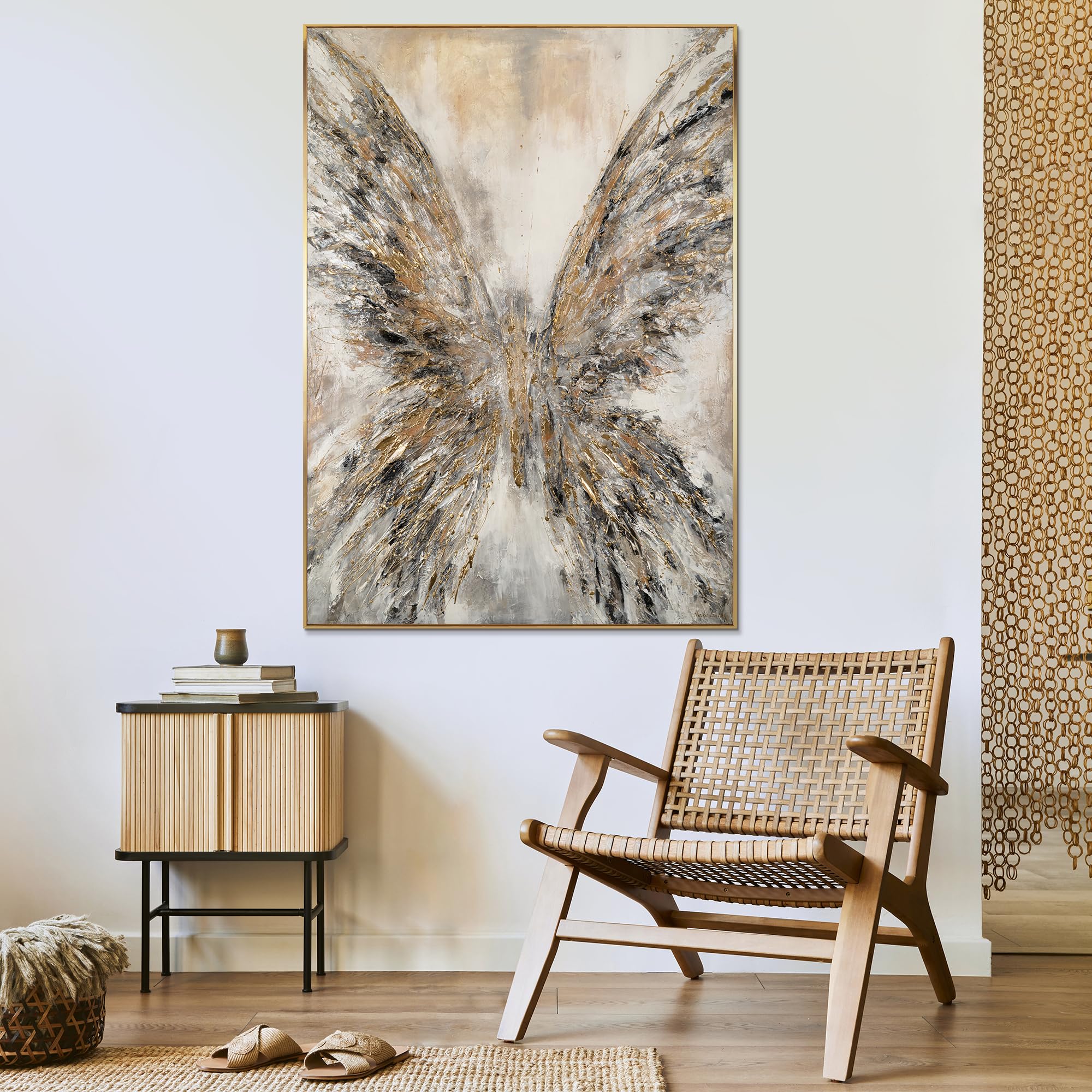 YS-Art Luxus Abstrakt Acryl Gemälde auf Leinwand goldene Flügel handgemalt Wohnzimmer Wandbild modern Wohndekor echtes Kunstwerk 120x80 cm