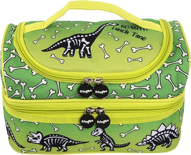 Fringoo® Multi-Compartment Kids Lunch Bag Thermal Insulated Cooler Bag School Nursery Double Decker Food Snacks Carrier (Dinosaur Lunch Time)