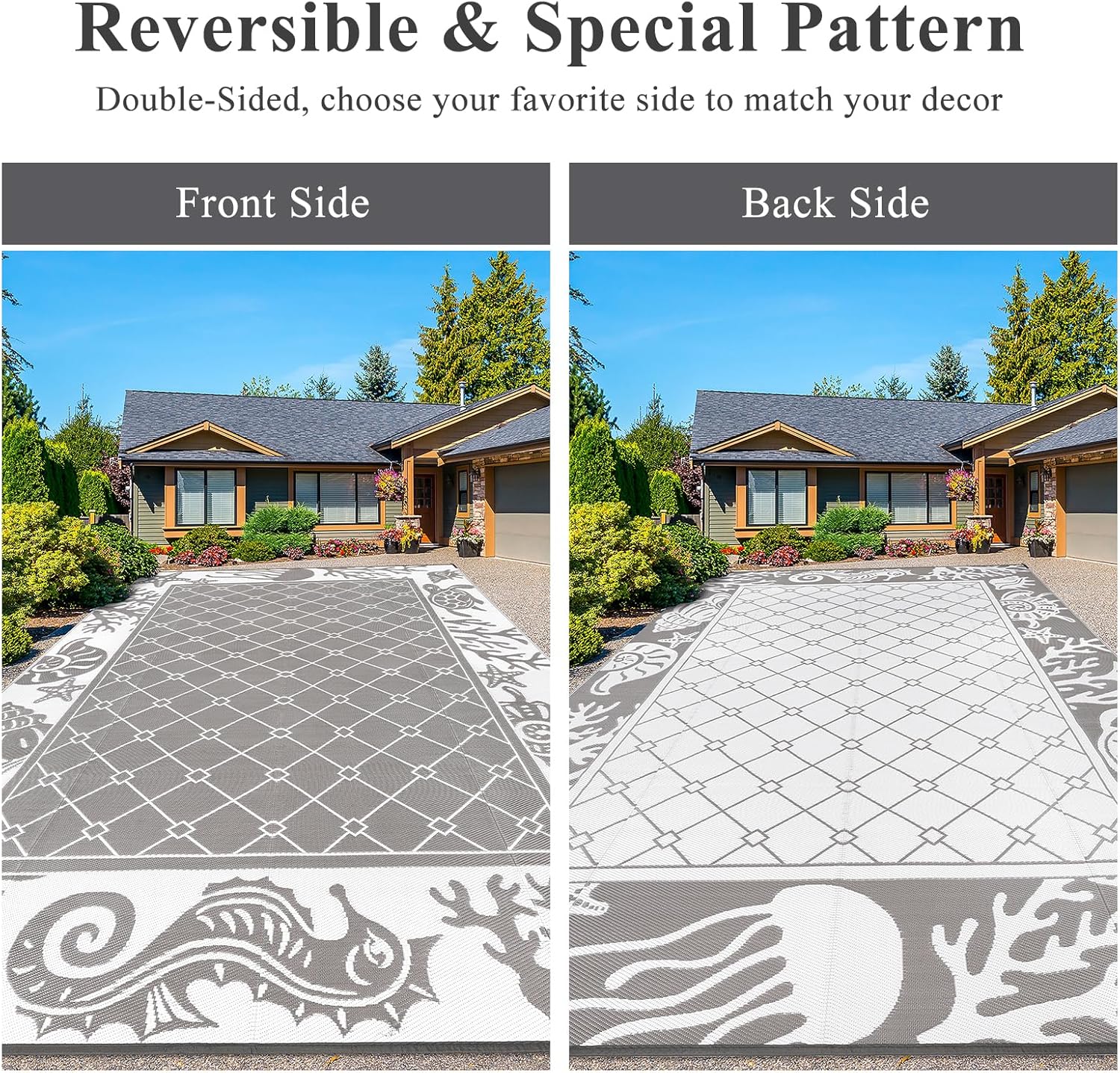 Vaukki Reversible Rugs, Plastic Straw Outdoor Doormat, Fade Resistant Plastic Outdoor Patio Mat, Lightweight Ocean Area Carpet for Patio, RV, Camping, Beach, Deck, Backyard and Picnic (Grey, 10'x14')