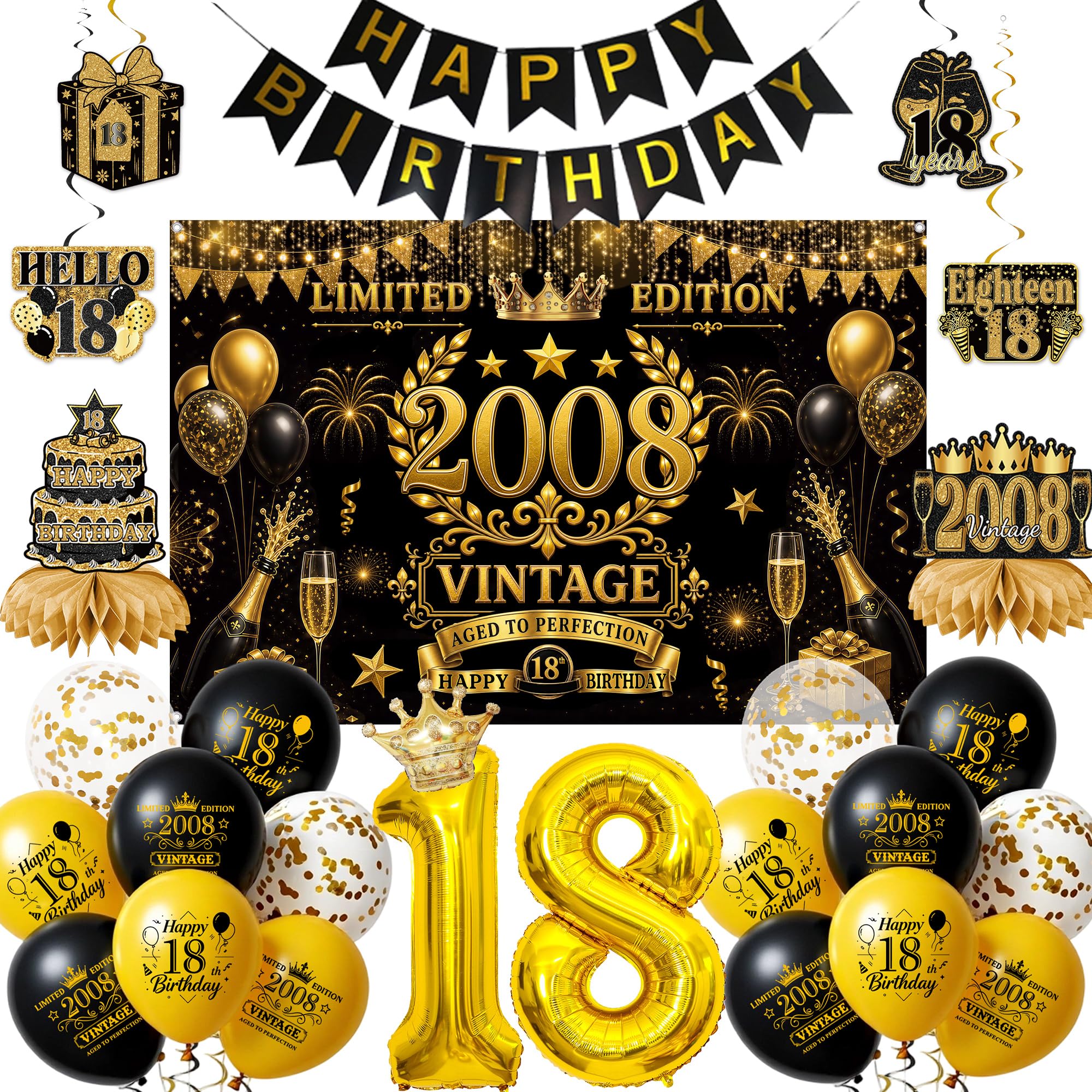18th Birthday Decorations Black Gold, Happy Birthday Banner and Balloons