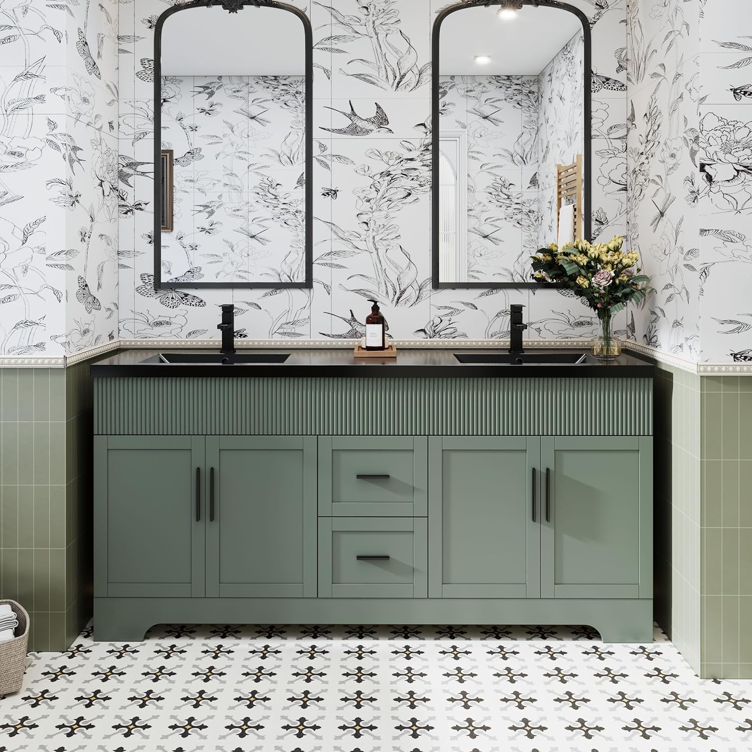 eclife 72" Bathroom Vanities Sink Combo, Modern Freestanding Bathroom Storage Cabinet W/Decorative Wave Lines, Painted Surface, Undermount Double Black Sink, Faucet, Drain, Gray Green