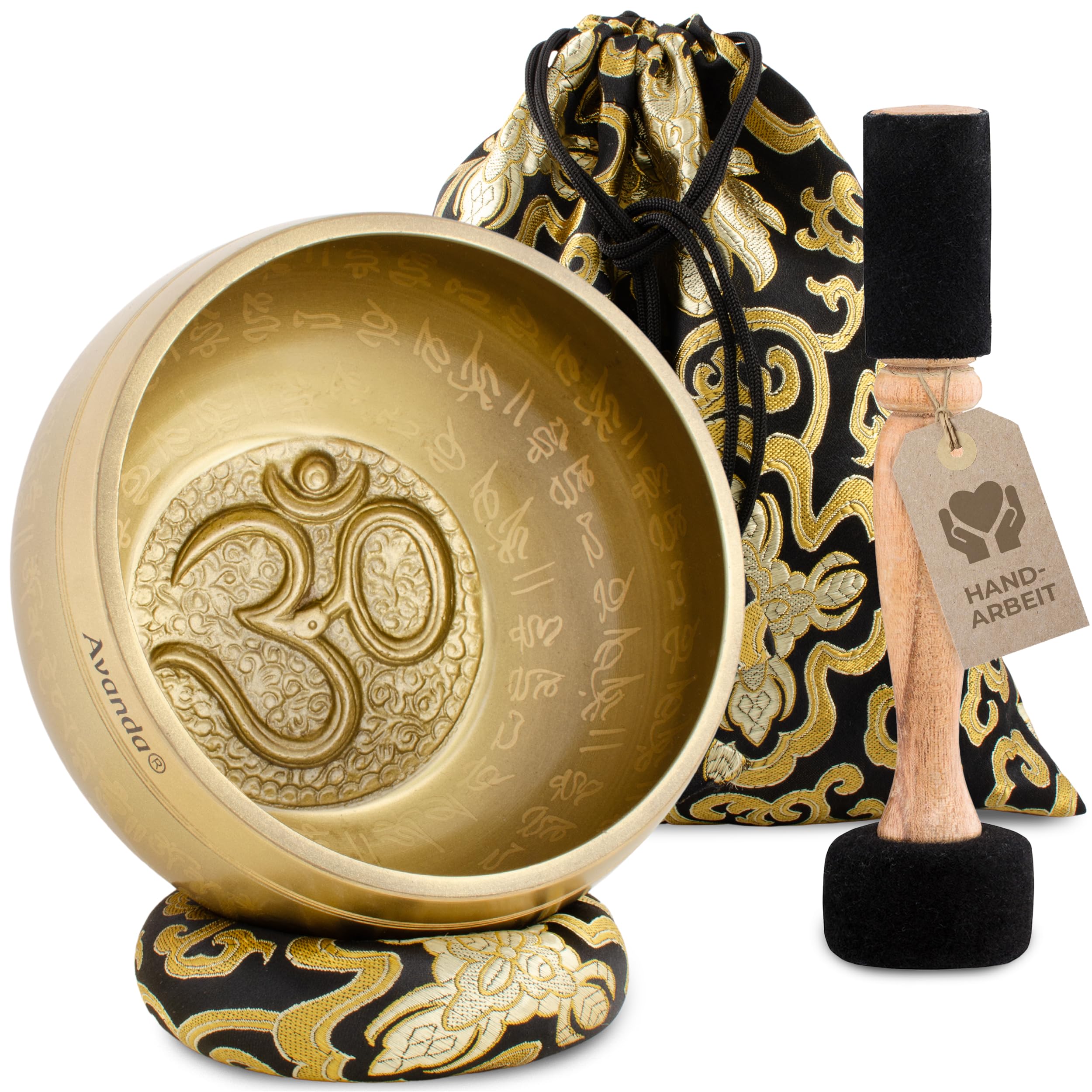 Tibetisches Klangschale-Set Om für Yoga, Meditation und Entspannung - handbemalte Tibetische Klangschale Ø 16 cm, Doppel-Schlägel mit Filz und Leder, Ring-Kissen, Beutel und Anleitung