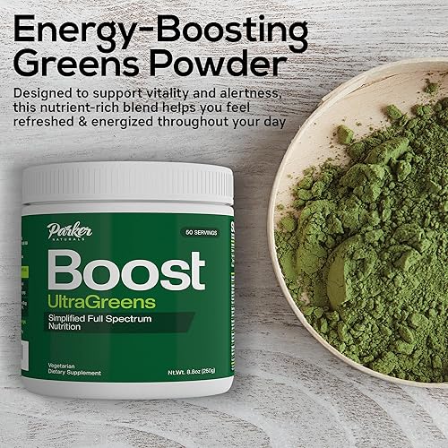 Miniatura 4 de Parker Naturals Boost UltraGreens 50 porciones Superfood Greens Polvo con espirulina, hierbas orgánicas y antioxidantes Nutrición de espectro